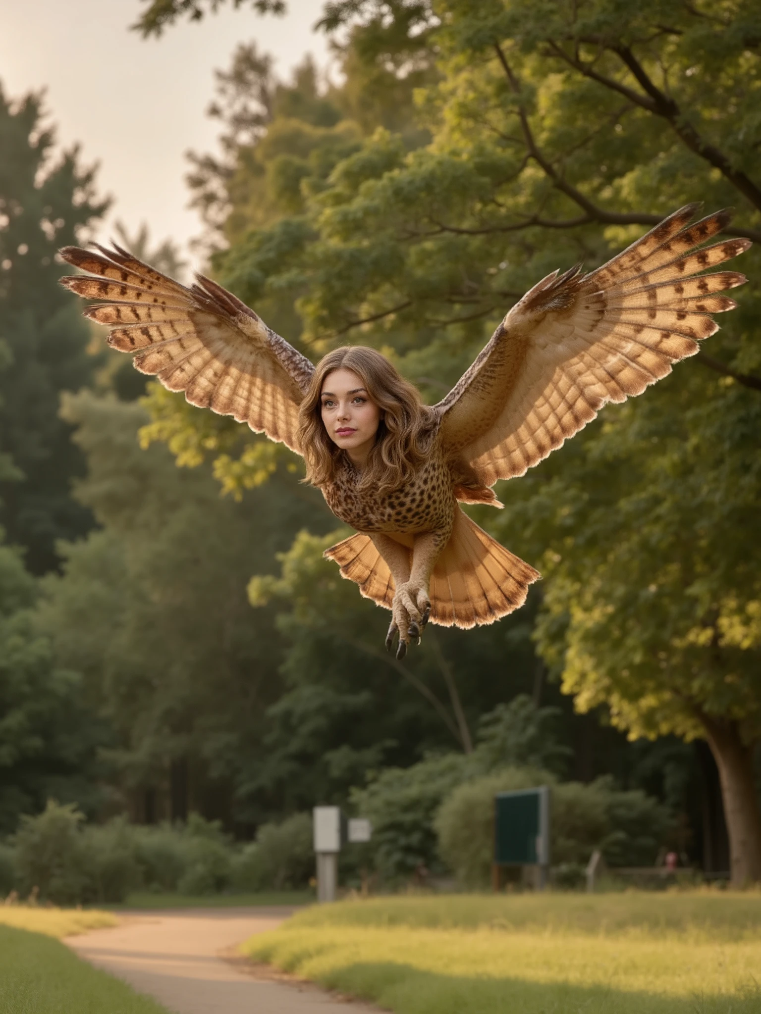 An anthropomorphic woman-owl hybrid flying in a park bathed in daylight, detailed and textured plumage, expressive and wise eyes, upright human-like posture, wearing casual clothes, park environment with lush vegetation, lush trees in the background, The sun's rays filter through the leaves, warm natural lighting, soft shadows cast on the floor, depth of field, sharp focus on the main subject, Photorealistic style, high resolution hairstyle, 8K, professional quality, Precise Details, natural textures, serene and magical atmosphere
