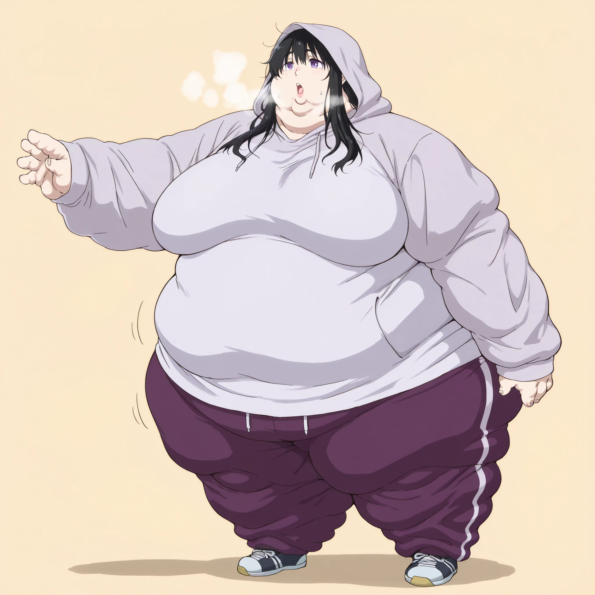 Naoka Ueno (character), Naoka (older appearance), long hair, 1girl, solo, black hair, long hair, purple eyes, messy hair, hoodie, hood over, hood up, sweatpants, shoes, breasts, fat, chubby, obese, fat neck, multiple chins, big breasts open mouth, out of breath, Larger female, full body shot, only head, large head, oversized limbs, large hands, large feet, oversized feet, oversized fingers, big lips, plump lips, fat face, fupa, big fupa, fat fupa, 