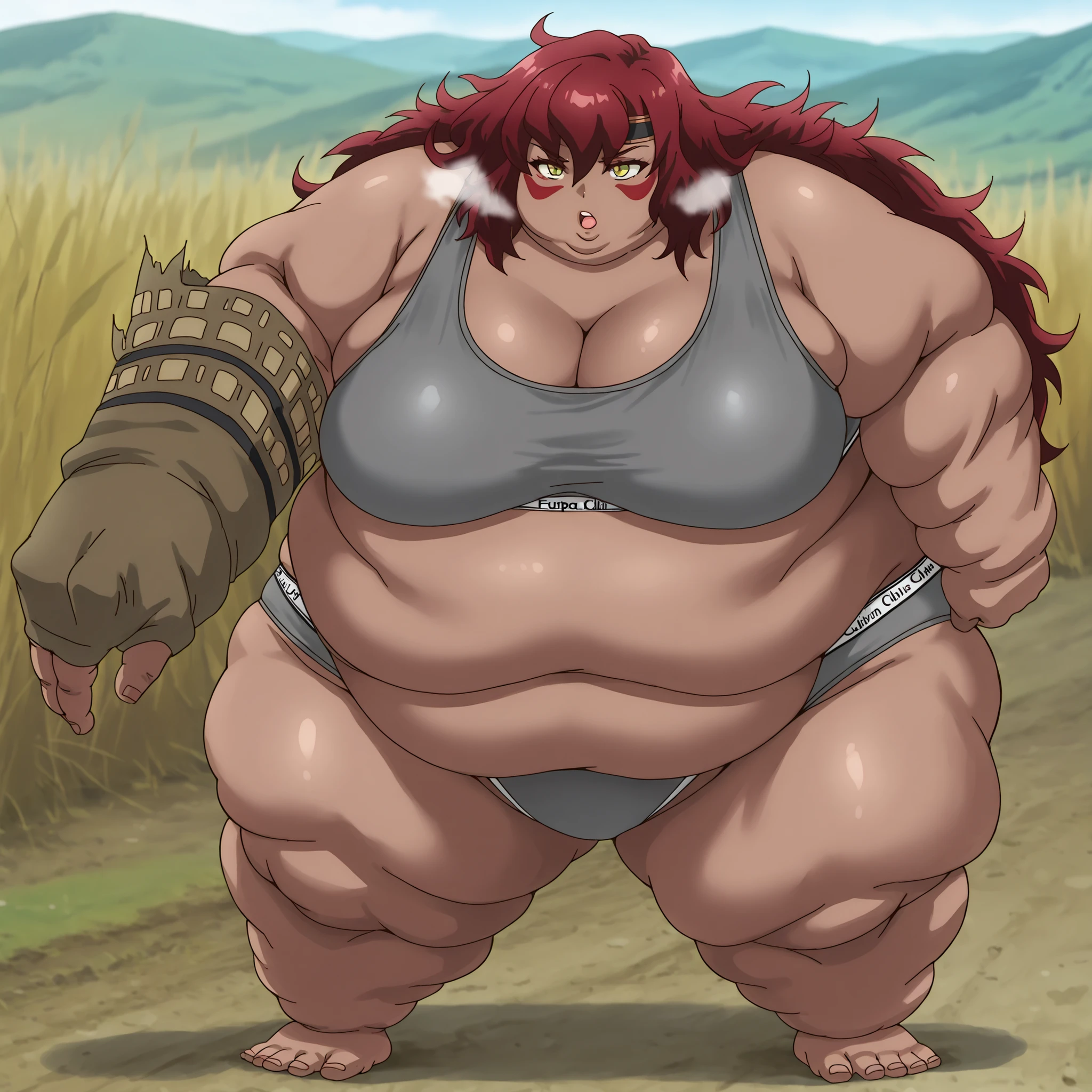  Sus0r4, 1girl, dark skin, tribal, red hair, very long hair, messy hair, hair between eyes, yellow eyes, red facepaint, black headband, grey sports bra,spors bra,grey sports panties,sports panties,calvin klein, fat, chubby, obese, fat neck, multiple chins, big breasts open mouth, out of breath, Larger female, full body shot, only head, large head, oversized limbs, large hands, large feet, oversized feet, oversized fingers, big lips, plump lips, fat face, fupa, big fupa, fat fupa, hunchback 