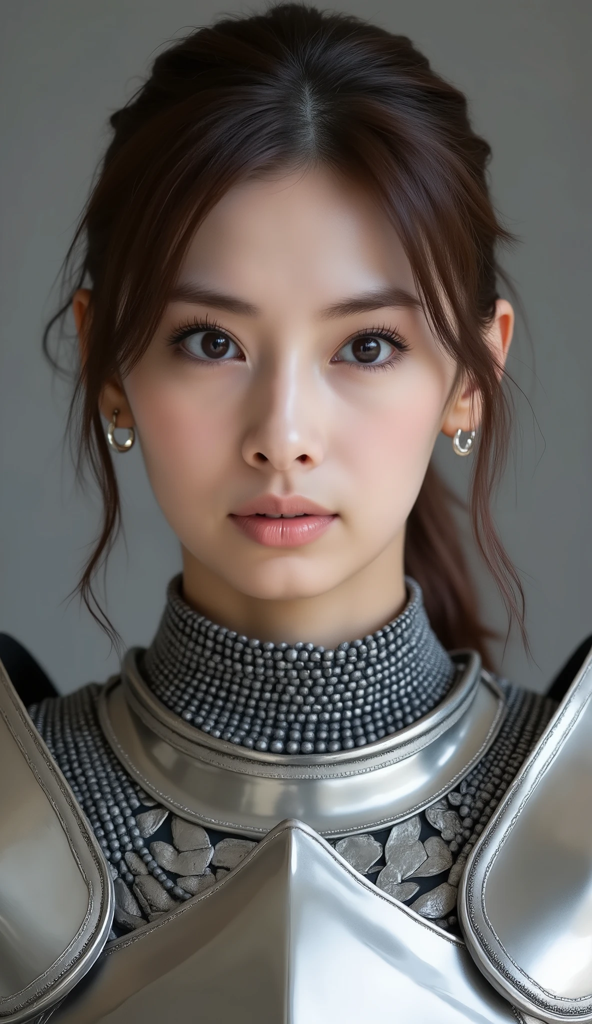 neat young woman wearing luxurious silver armor、、female knight、、、ear piercings、looking at camera、looking directly in front、怒り顔、、口を閉じている、、face close-up、grey background、

