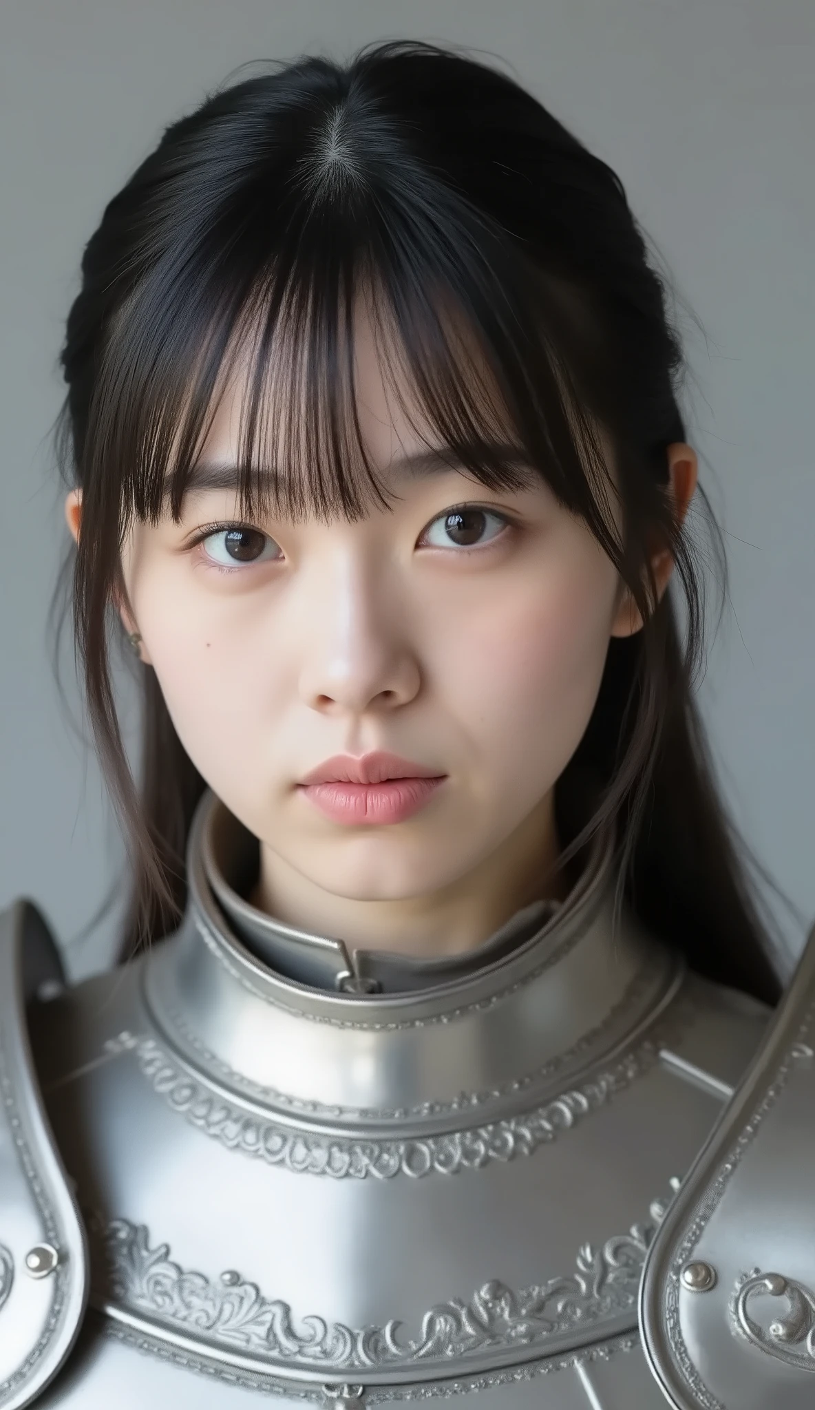 neat young woman wearing luxurious silver armor、、female knight、、、ear piercings、looking at camera、looking directly in front、歯を見せた笑顔、、face close-up、grey background、

