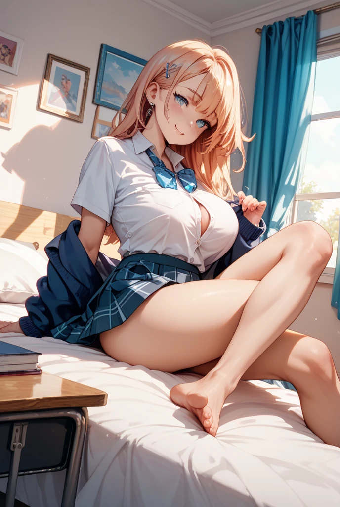 (school uniforms:1.3), (beige
solid-color clothes around
waist:1.5), (knot on waist:1.3), (white collared-shirt:1.4), ((white collar, unbutton, short sleeve):1.2), (red plaid-pattern pleated-skirt:1.3), ((necklace, colorful bracelet, X hair ornament):1.2),
ultra-detailed、(8k, RAW photo, best quality, masterpiece:1.2), (extremely detailed 8k wallpaper),illustration、professional lighting,sharp focus, depth of field、
????、clear eyes、perfect anatomia、girl with、15yo student、Black Gal(dark-skinned:1.2)、smile、Plump thighs、huge ???、full bodyesbian、white ?????、Emphasis on the streaks of the panties、Fully exposed、large ??????,(button gap:1.1)、Lift skirt、Opening ????????? legs:1.5)、Blue eyes、a blond、(makeup:1.1)、lyin in bed、(Loose socks below the knee:1.2)、