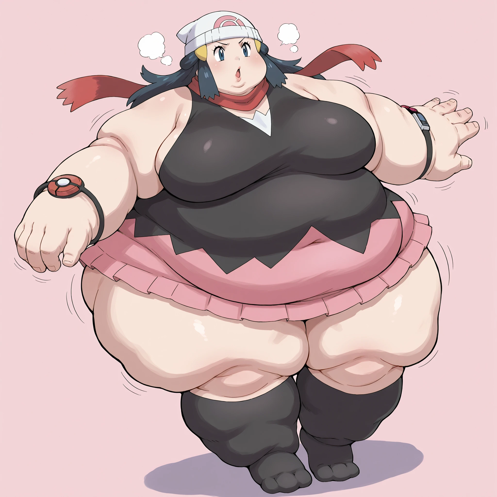 pokemondawn, pokemon dawn, black hair, blue eyes, sidelocks, long hair,
bare shoulders, beanie, black shirt, black socks, bracelet, hat, jewelry, kneehighs, miniskirt, pink skirt, red scarf, scarf, shirt, skirt, sleeveless, sleeveless shirt, white headwear,breasts, fat, chubby, obese, fat neck, multiple chins, big breasts open mouth, out of breath, Larger female, full body shot, only head, large head, oversized limbs, large hands, large feet, oversized feet, oversized fingers, big lips, plump lips, fat face, fupa, big fupa, fat fupa,