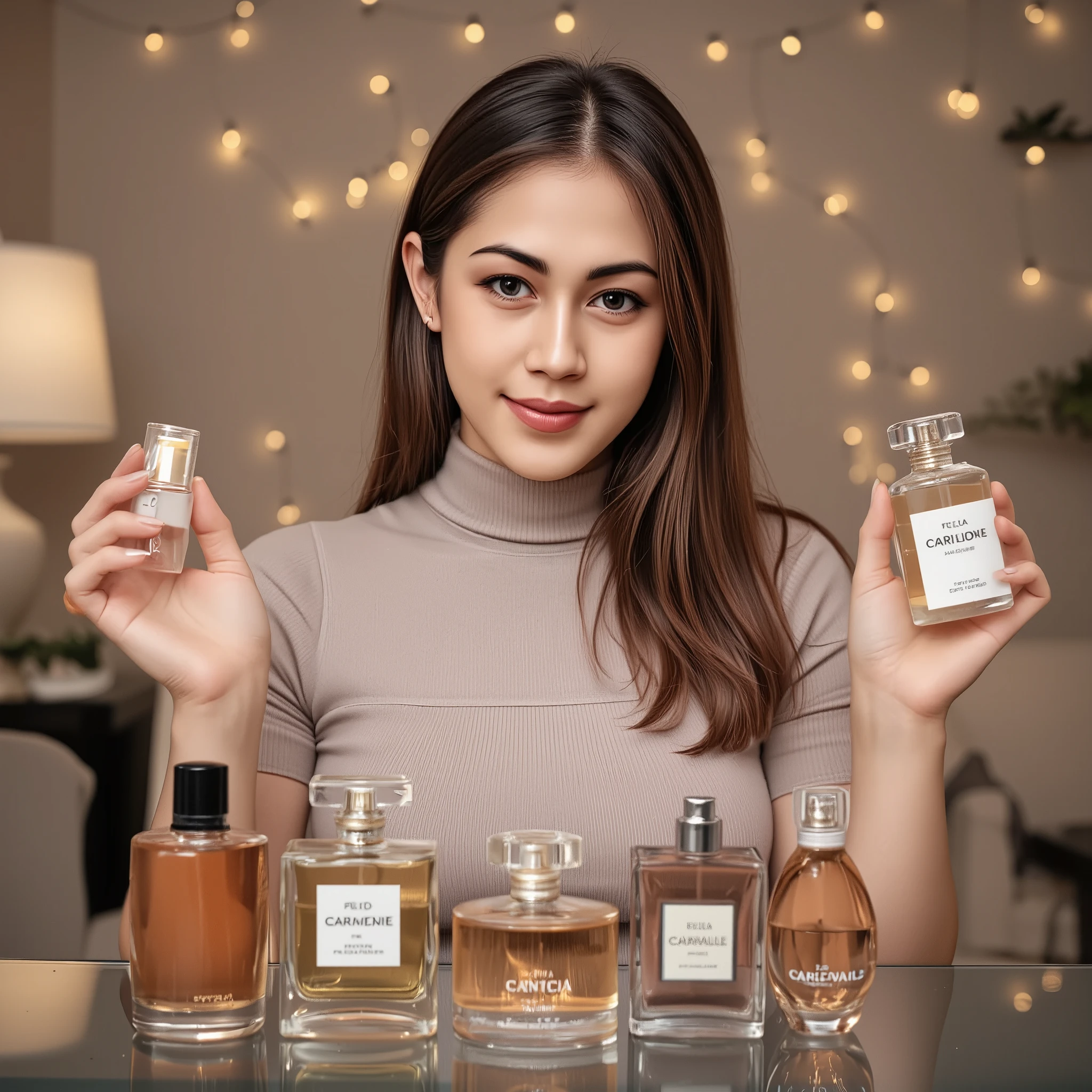 woman presenting perfumes, local, perfume bottles, mixing perfumes, photorealistic, superior quality, 4k, extreme details, studio lighting, physical representation, Bright colors, bokeh, monochrome color scheme, Romantic atmosphere, portrait style, oil painting