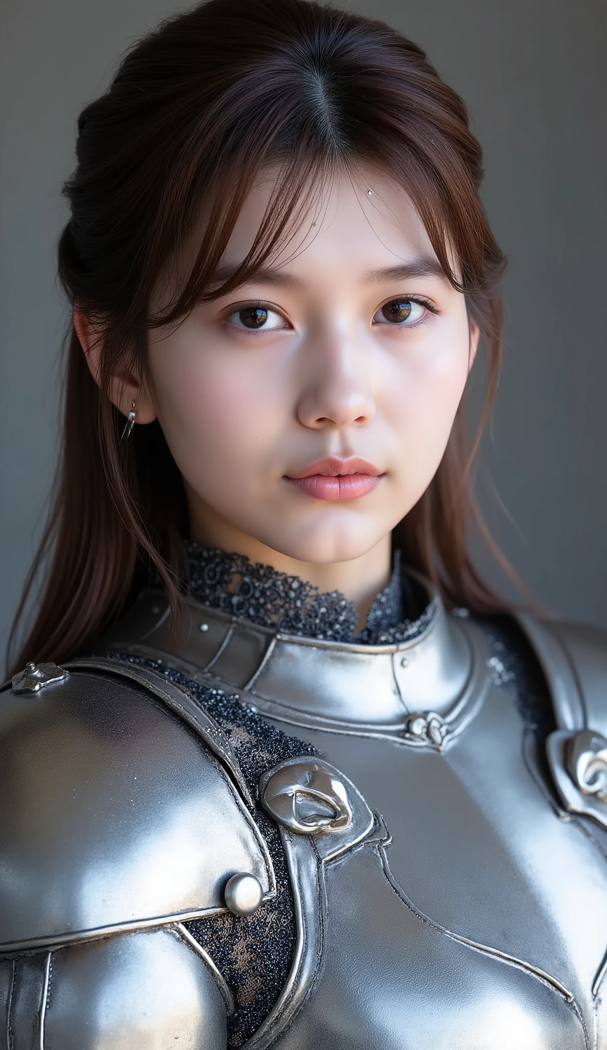 neat young woman wearing luxurious silver armor、、female knight、、漆黒の髪、、ear piercings、looking at camera、looking directly in front、怒り顔、口を閉じている、への字口、、、face close-up、grey background、