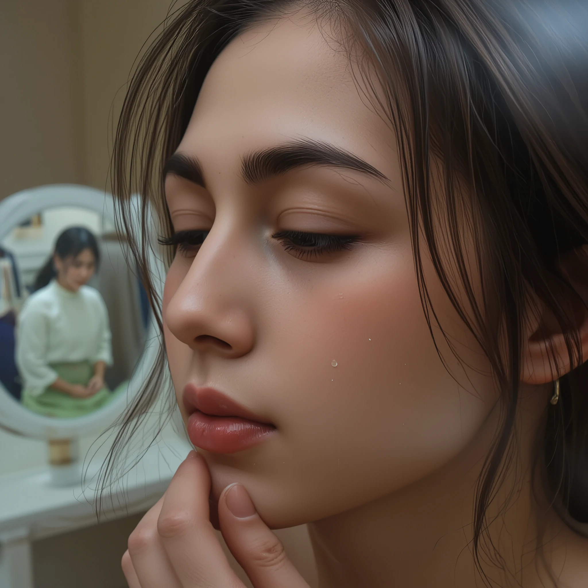 (photorealistic, high detail, RAW photo, intricate details ) f/1.4。the moment she smelled the、the expression of a young female customer。She's Closing Her Eyes、perfume, a single tear flowing。彼女but嗅いだのは、昔なbutらの「White powder(Nice )and lipstick」The scent of 。 in the background 、 fuzzy 、the image of her mother's vanity table from her childhood(Projection of Memories)but、faintly overlapping as a reflection of light。the warmth of her forgotten mother、the emotional moment she vividly recalled through the scent。