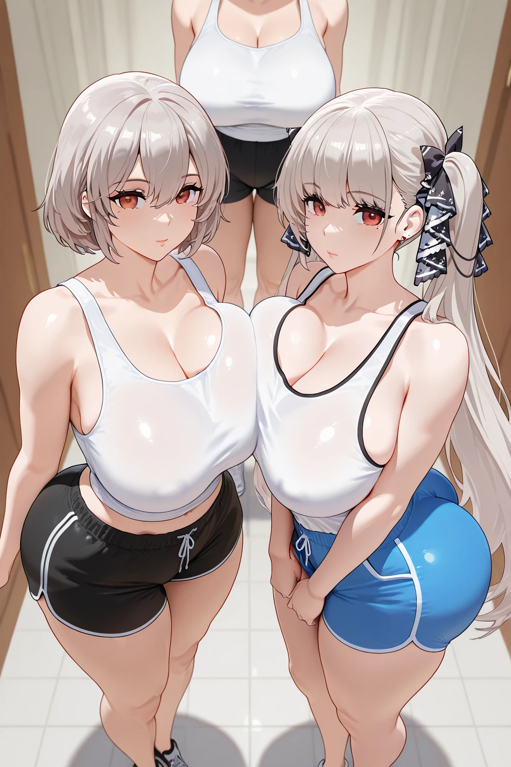 (masterpiece),(ultra-detailed), (high quality), (high resolution), (best quality:1.5, highres, UHD), highres, absurdo, ultra detail, ultra quality, Ultra resolution, 16k, 1girl, (3heads:1.5), anime girl with three heads, ((white hair)), grin, (sports shorts), (exposed midriff), open belly, thighs, ((action posture)), (white crop top), ((different hairstyles)), different haircuts, pinkish red eyes, field, huge ????, 