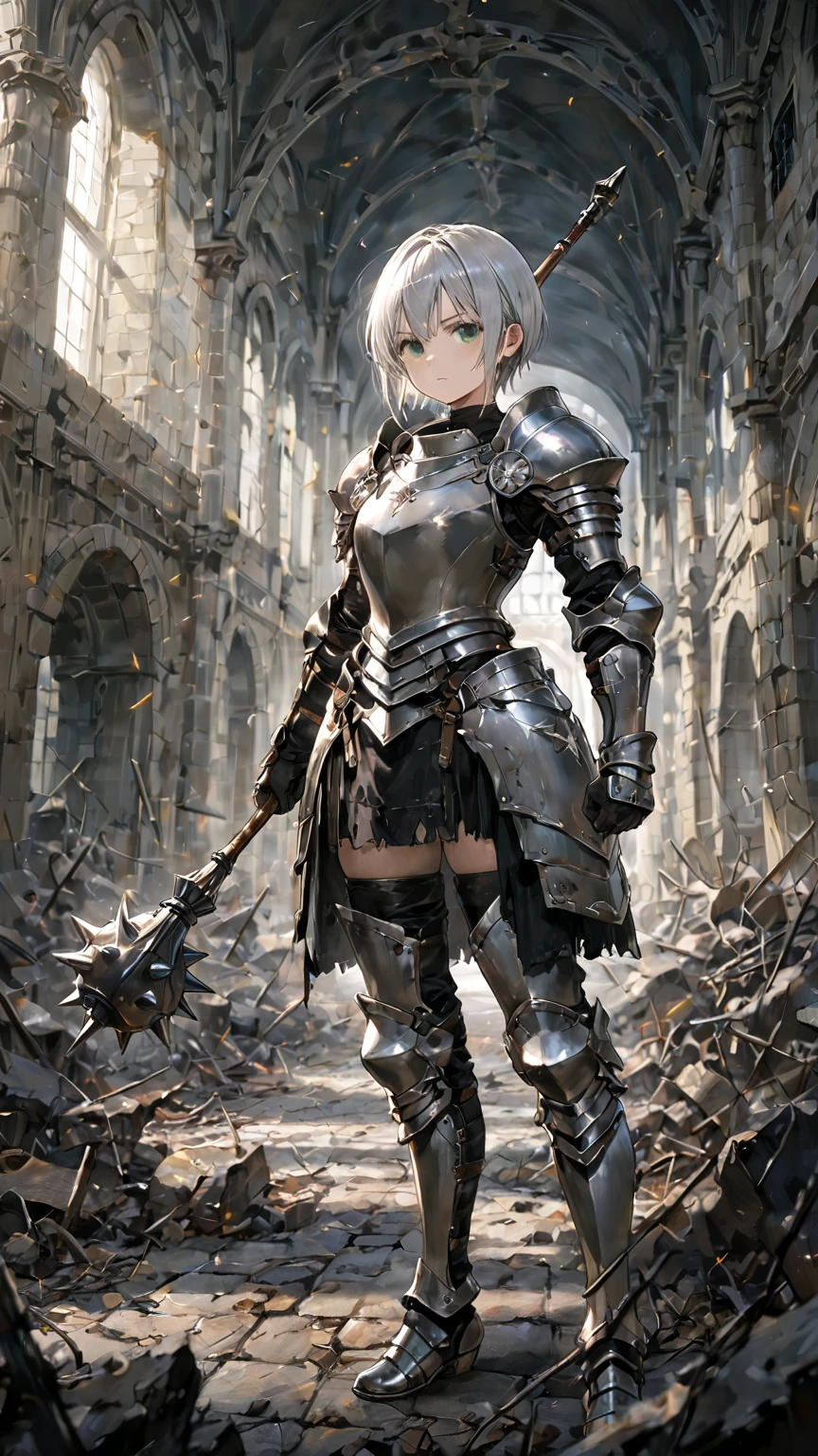 Slim tall girl, stern face expression,  standing on steep heel, sunny day, ((wearing silver heavy plate full armor with ornament)), eyepatch, broken spears in the ground around, birds in sky far away