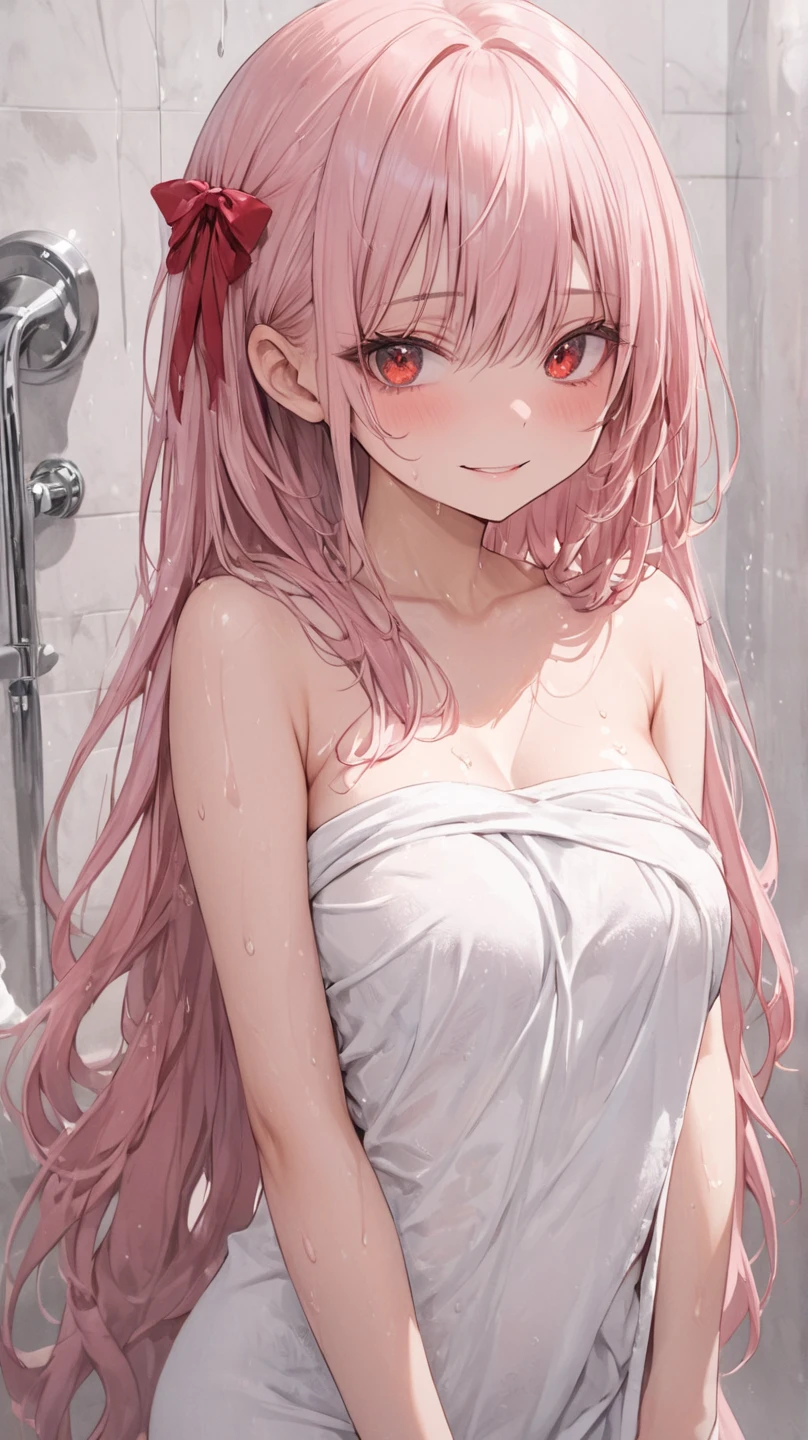 Masterpiece, Best Quality, Super Detailed, High Definition, Expensive Resolution, HDR, 4k, 8K, Unity 8k Wallpaper, Super Detailed CG, Masterpiece, Realistic, 2D, 3D, Beautiful Details, Depth, Fine Texture, Super Fine: 1.3, Full concentration, crispy skin, him, very cute anime girl, expensive pink long hair, one girl, after washing hair, bath towel, pink long hair, whole body, mole under the eye, line of sight, expensive, blush, parted lips , heart, pink eyes, choker