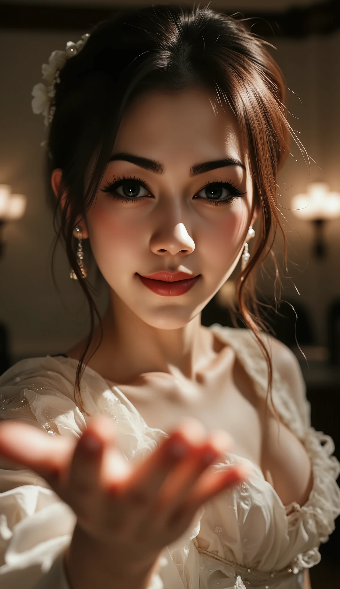 score_9, score_8_up, score_7_up, Source_ ,rating safe, reality skin, (8k、Greatest Masterpiece、top quality、High Resolution、nsfw)、cowboy shot、(Hold hands in POV)、Young Japanese stage actress、solo、with an uneasy smile、Extend your right hand、(((anatomically accurate hands and fingers)))、Luxurious and glamorous stage costumes、Perfect Stage Makeup、stage sleeve、soft stage lighting leaks