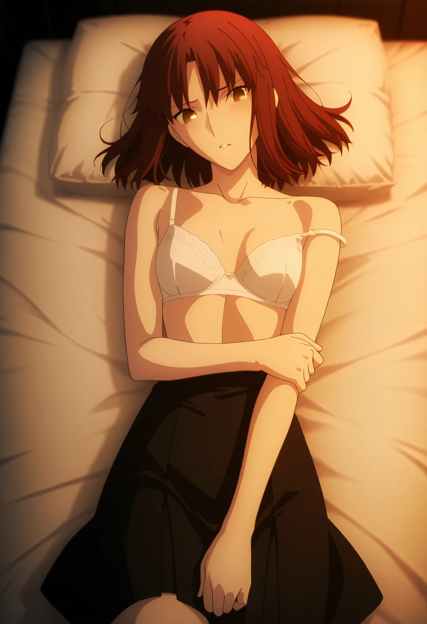 <lora:KnK_ryougi_shikiXLIllustrious001>,
masterpiece,best quality,good quality,newest, 8k, from above,
indoors ,(cinematic light), (on back, on bed), (detailed background),parted lips ,
light embarrassed,,
looking at viewer, (), , head tilt, , ,
solo,
anime coloring,
ryougi_shiki\(kara_no_kyoukai\),1girl, (very dark red orange hair), brown hair ,medium hair, light brown eyes, , slim arms, medium chest, (aged up),
cowboy shot, , ,
(white bra strap slip, , black skirt, ), hold own arm,