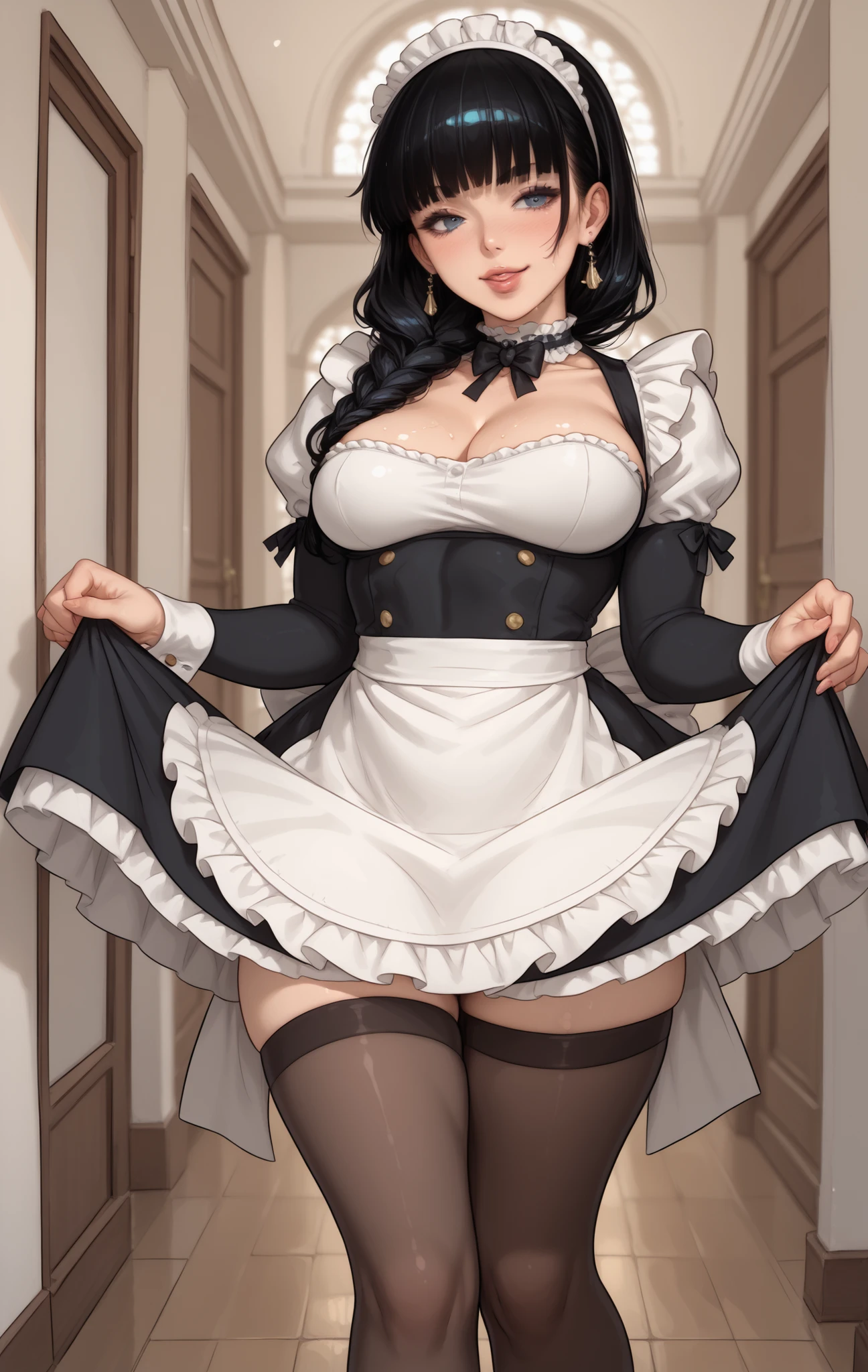 Anime-style illustration of a very sexy horny woman in a classic black-and-white sexy maid outfit. Full body portrait, anime style. She is extremely horny. The very short dress includes puffed sleeves, a white apron with ruffles, a headband, and a decorative choker. She has very big XXXL breasts, huge H-cup boobs, hentai breasts. The character has wavy dark hair, soft facial features, and a calm, confident expression. She stands in an elegant, warmly lit hallway with wooden details and soft ambient light. High-quality shading, detailed fabric textures, and refined linework