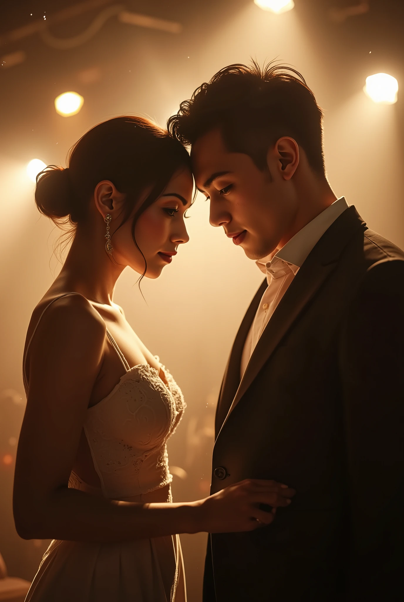 real2111,sasas211,A vertical 8k RAW ICEM-V6 photo of a couple rehearsing a synchronized dialogue scene. The actress—extraordinarily elegant, with luminous skin and sculptural bone structure—stands close to her male partner. They lean over a shared script, whispering lines in sync, adjusting pacing and breath. Her expressive eyes flick between the script and his face, searching for alignment. Behind them, warm stage lights glow through light haze, revealing subtle dust particles drifting like suspended time.
Shot on Sony α7R V, 35mm f/1.4, ISO 800, shutter 1/200s, white balance 3400K. Clean color neutrality, soft diffusion around highlights, shallow DOF capturing emotional micro-moments, natural grain.
Symbolism: rehearsal becomes communion—they are two separate voices trying to merge into a single emotional pulse.