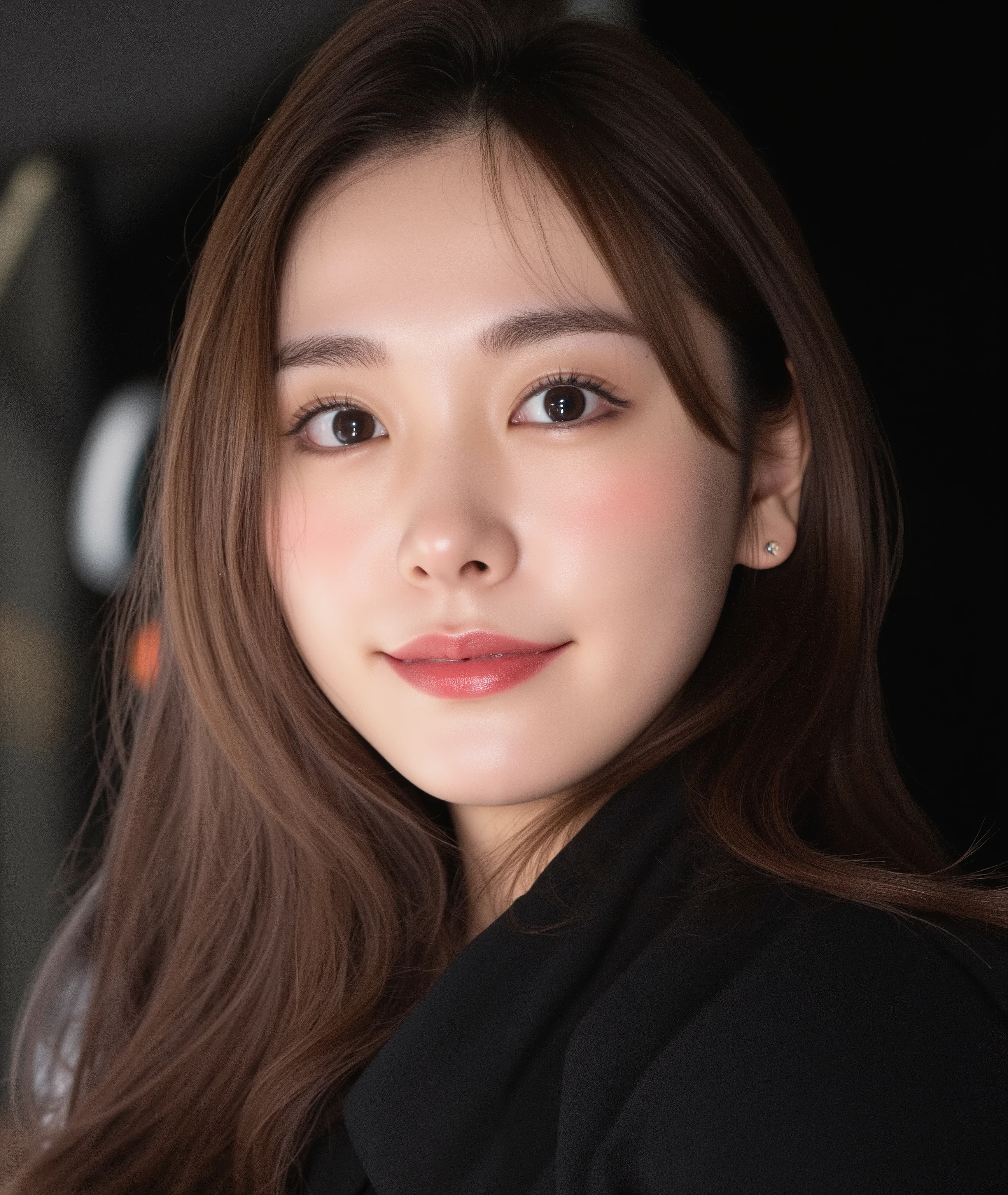 The image is a close-up photograph of a young Asian woman with a fair complexion. Her face dominates the frame, occupying the majority of the image, with her eyes, nose, and lips prominently visible. She has large, almond-shaped eyes with long, thick eyelashes, and her skin is smooth and soft. Her lips are full and slightly parted, revealing a natural, rosy hue. She wears a small silver stud earring in her left ear, adding a subtle touch of personal style.
Her hair is long, dark brown with subtle highlights, and it partially covers her forehead, giving a slightly tousled, casual look. The background is out of focus, but it appears to be a dark, possibly indoor setting, which emphasizes her face and provides a stark contrast to her light complexion. She is wearing a black garment, possibly a top or a sleeve, which is visible at the bottom of the image. The overall mood of the photograph is intimate and personal, capturing a candid moment with a natural, unfiltered aesthetic.