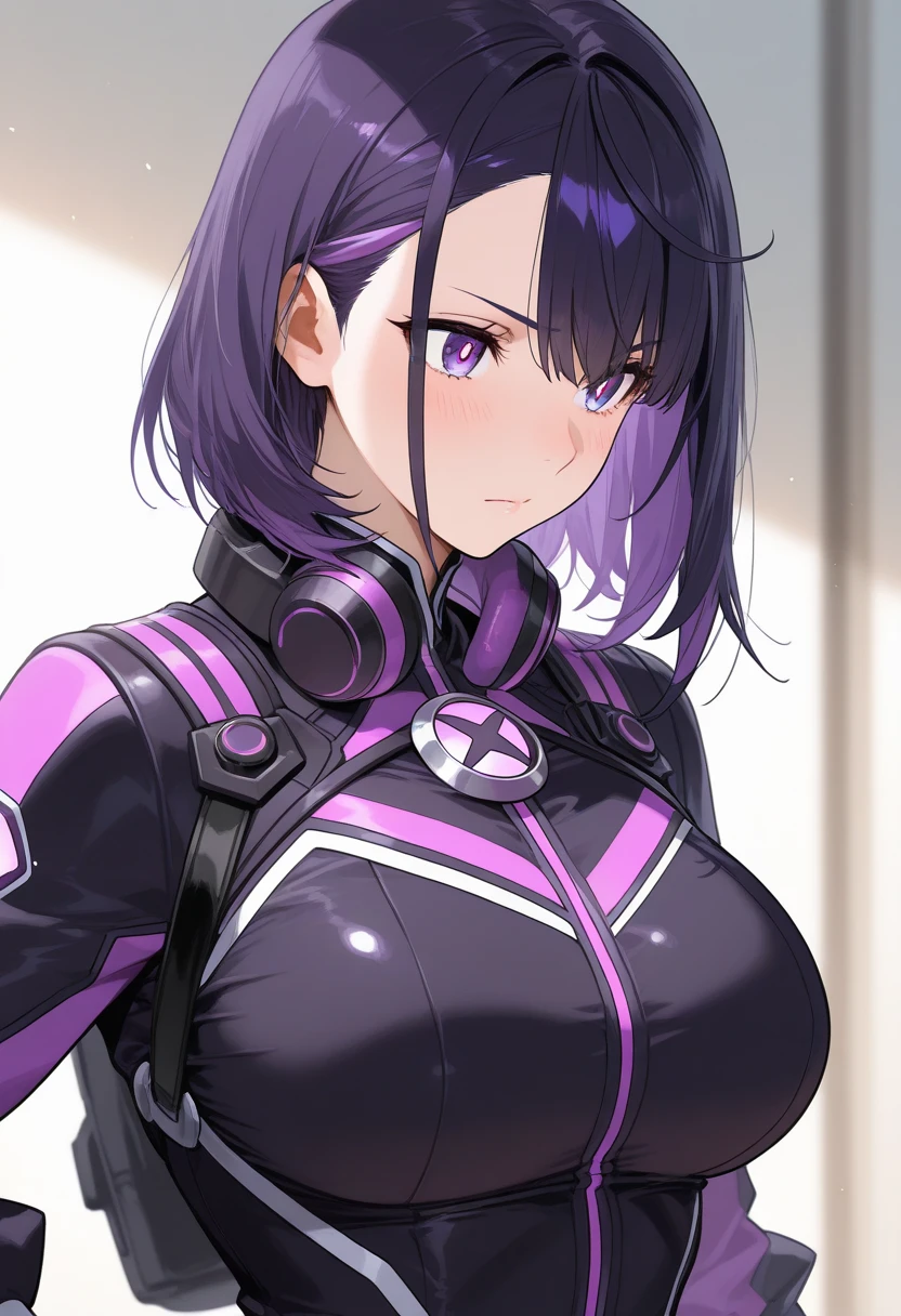 masterpiece、Highest quality、Best image quality、High resolution、Big Breasts、Purple Hair、Pink Eyes、ponytail、Black Uniform、Unbranded uniform
