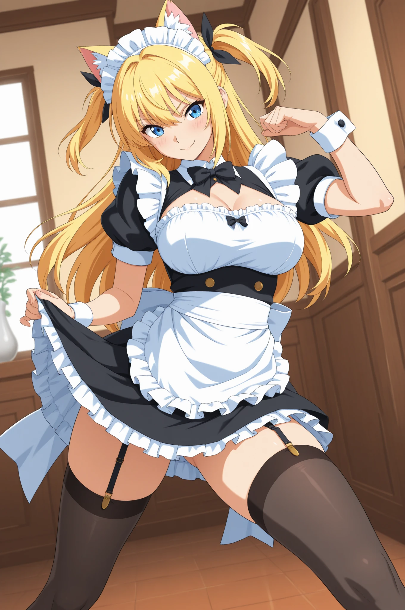 (highly detailed),(ultra-detailed),(best quality),(masterpiece),(fantasy style),twintails,gothic_lolita,thighhighs,black ribbon,((((mesugaki)))),ojousama, smile,smug,tongue out,(middle_finger),tongue,(crossed_legs),(small breasts),leg_garter,(from below)