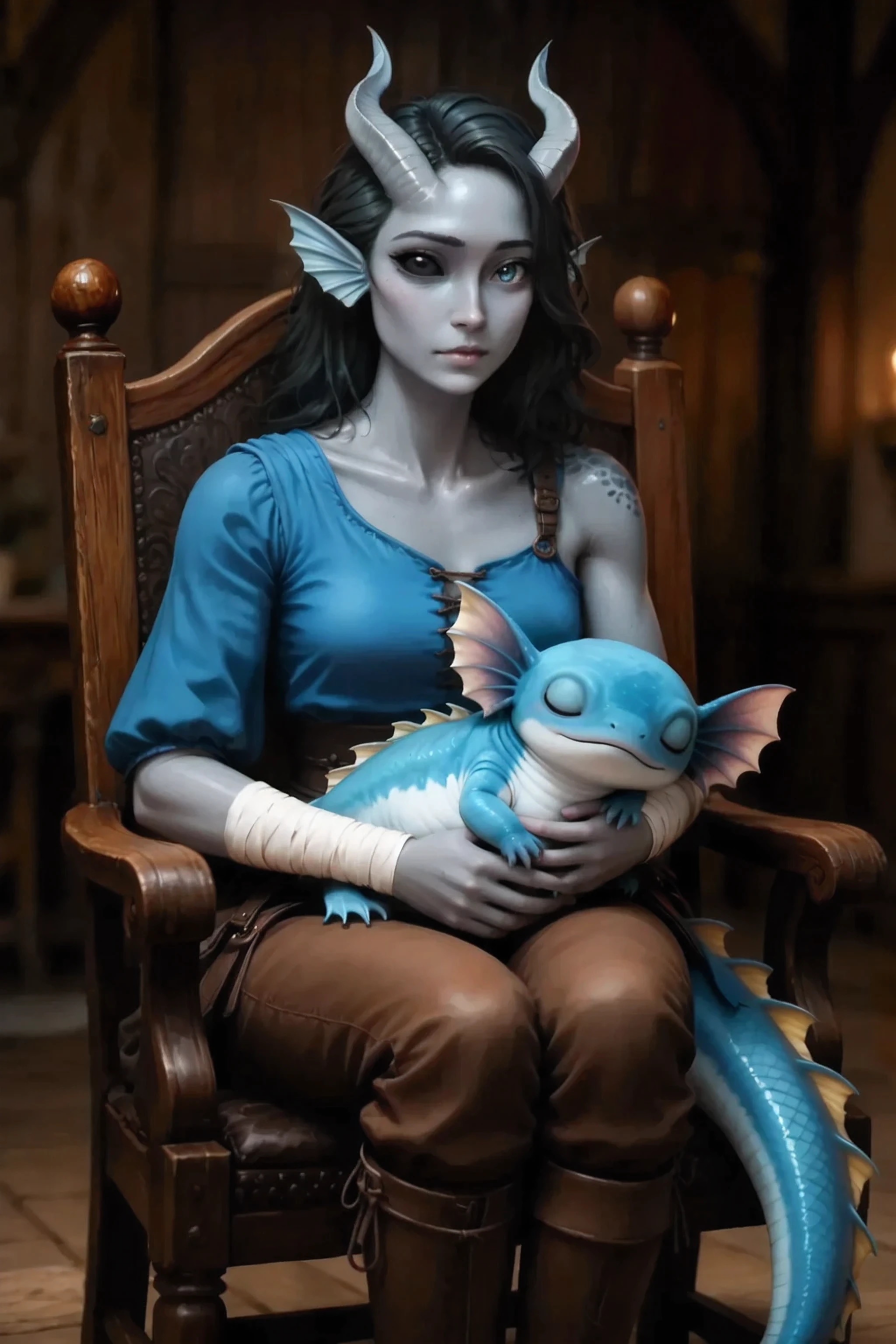 Kedra, dark blue-gray skin , (pigmentation of the shoulder:1.5), (fins on her head:1.2), dark blue-gray horns, Loose black hair, hand bandages, ( Best hands ). (5 dark blue-gray fingers), sits on an old wooden medieval chair, against a heavily blurred and darkened medieval wooden room. a cute character creature is sitting in her arms_Fuli, Dark background, Fanbackgrounds,darkrain.
masterpiece, best quality, ultra-detailed, Cinematic emotional static frame, 8K UHD, extremely detailed, physical visualization, HDR.