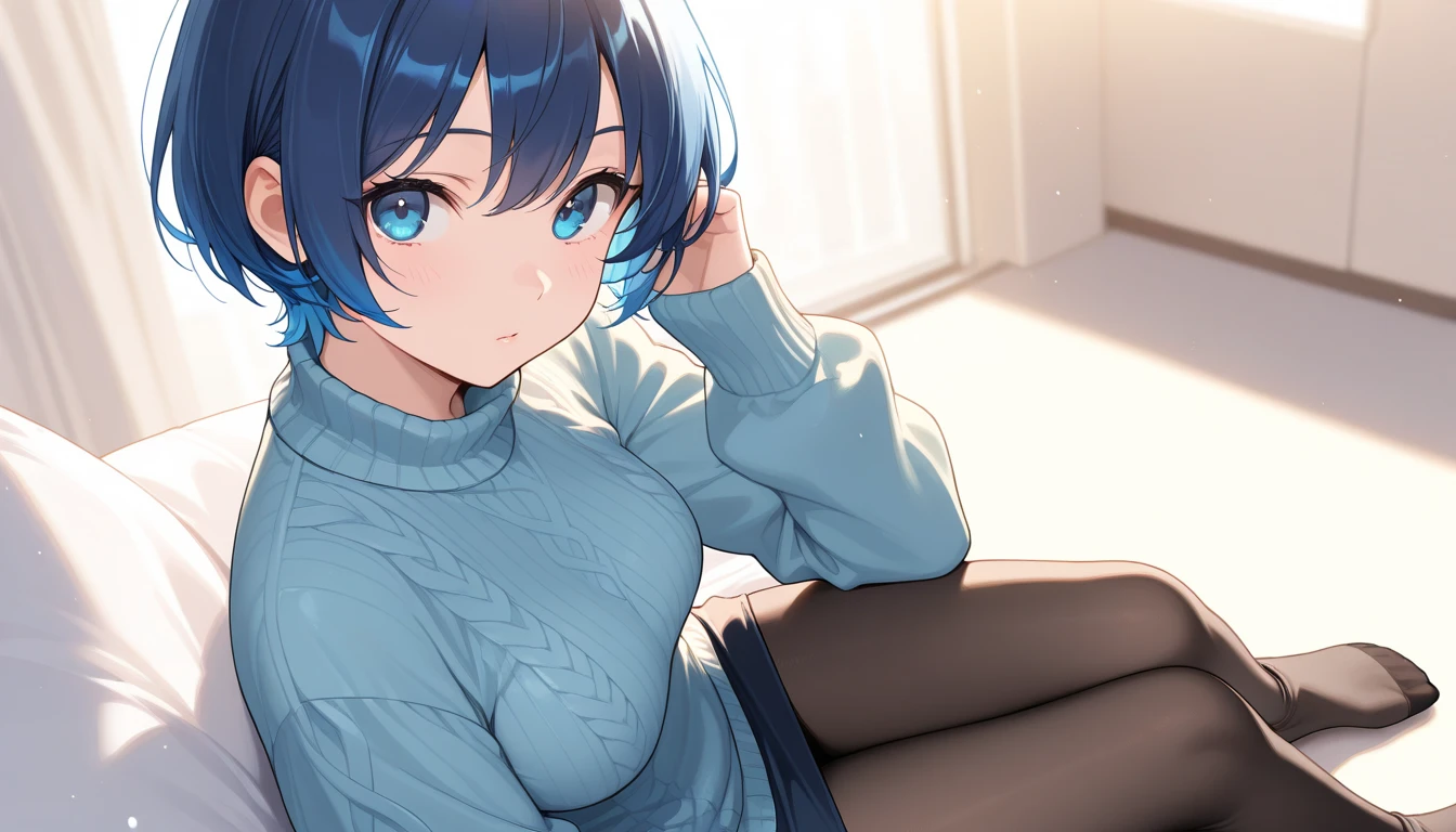 ((1 girl)), 1 face, sitting on bed, (((wariza))), full opened legs, (girl in skinny tight navy jeans), (long jeans), (navy jeans), ((jeans legs)), slim, slender, 17 years old, (short bob cut), ((black hair)), bangs, nose blush, full opened eyes, round mouth, drool, , (white shirt), hard , pink , (((embarrassed))), hard sweat, , detailed face, blue eyes, japanese, detailed jeans, detailed cloth, high quality, small 