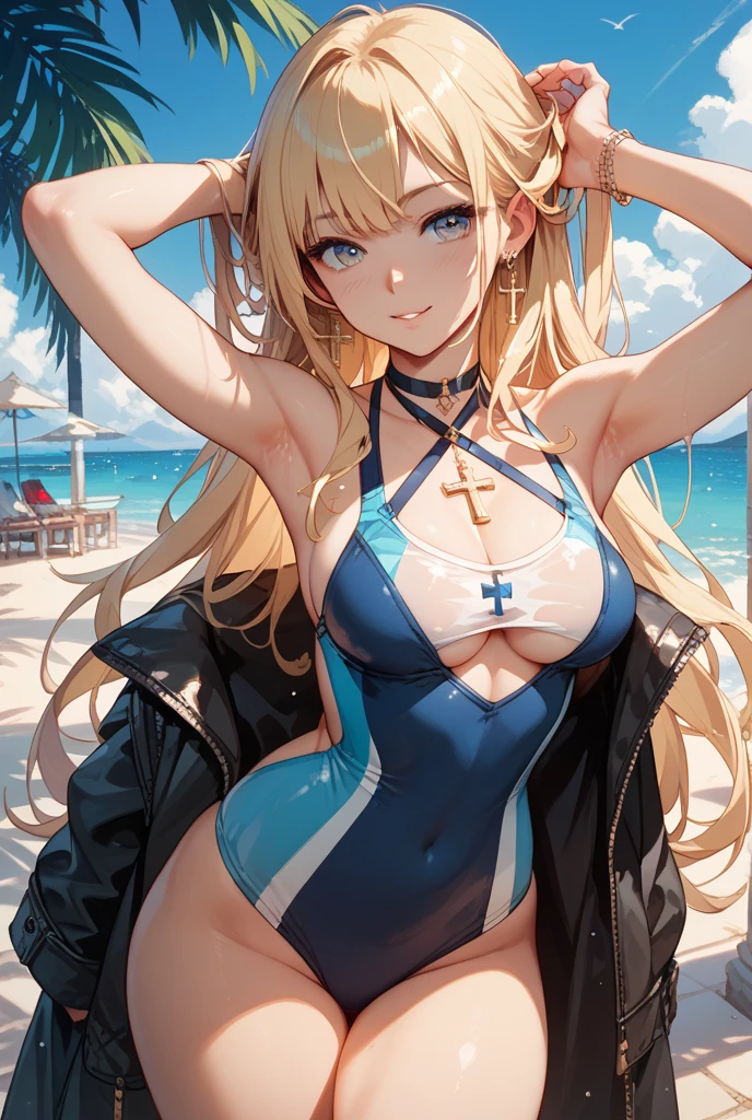 realisitic、top-quality、女の子 1 人、25-years old、Light colored hair、piercings、Shy face、Fancy Bikini、beautiful boob 、sexypose、s ass、night sandy beach、Particles of light、profetional lighting、blue open sky、Beautiful