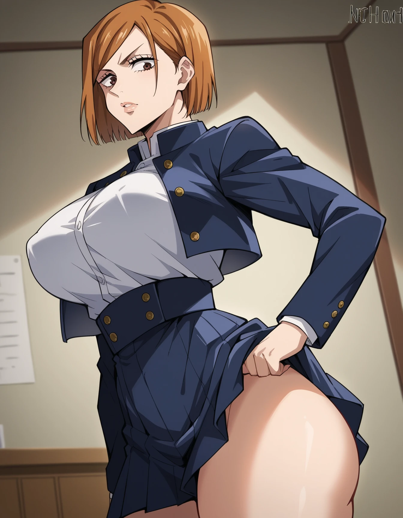 Please draw a policewoman in the style of Kaoru Hachigatsu。Whole body image。The camera angle makes me look up at the policewoman from below.。。I can see your pants。 shot。short hair。Adult women。Great style。Big Breasts。Tight skirt。