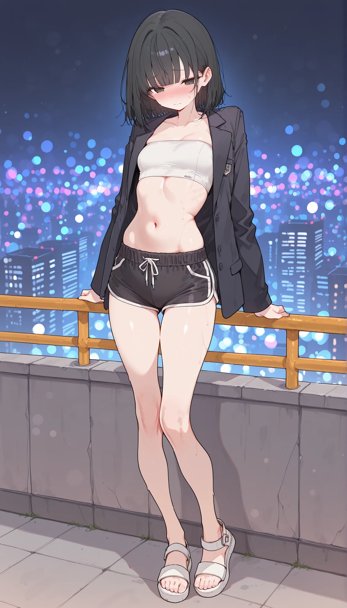 Masterpiece, the best quality, high quality, ultra detailed, master-piece, hyper quality, hyper detailed, perfect drawing, excellent and accurate human body anatomy, sexy body figure, slim figure, 1 female, dark black eyes, short black hair with bangs, wearing a black blazer with white tube top, black soft fabric shorts, white sandals, looks so cute, shy expression, slight blush, ((full body)), youthful, city background, city vibes, sexy cute, bokeh