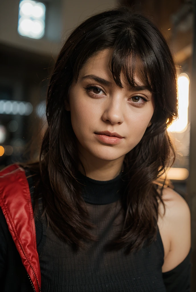 70 year woman, buttoned shiny red jacket, photorealistic beautiful face