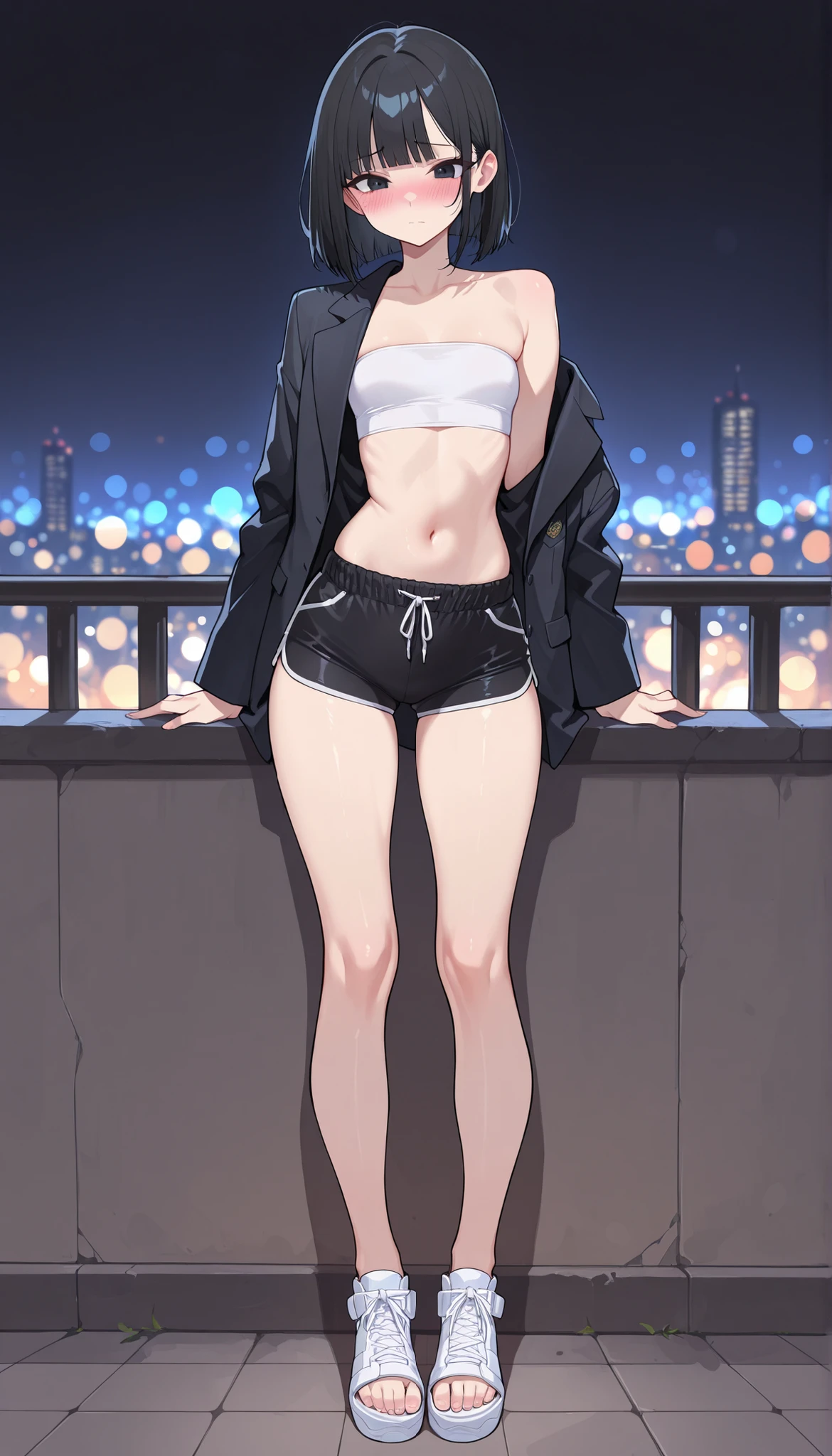 Masterpiece, the best quality, high quality, ultra detailed, master-piece, hyper quality, hyper detailed, perfect drawing, excellent and accurate human body anatomy, sexy body figure, slim figure, 1 female, dark black eyes, short black hair with bangs, wearing a black blazer with white tube top, black soft fabric shorts, white sandals, looks so cute, shy expression, slight blush, ((full body)), youthful, city background, city vibes, sexy cute, bokeh