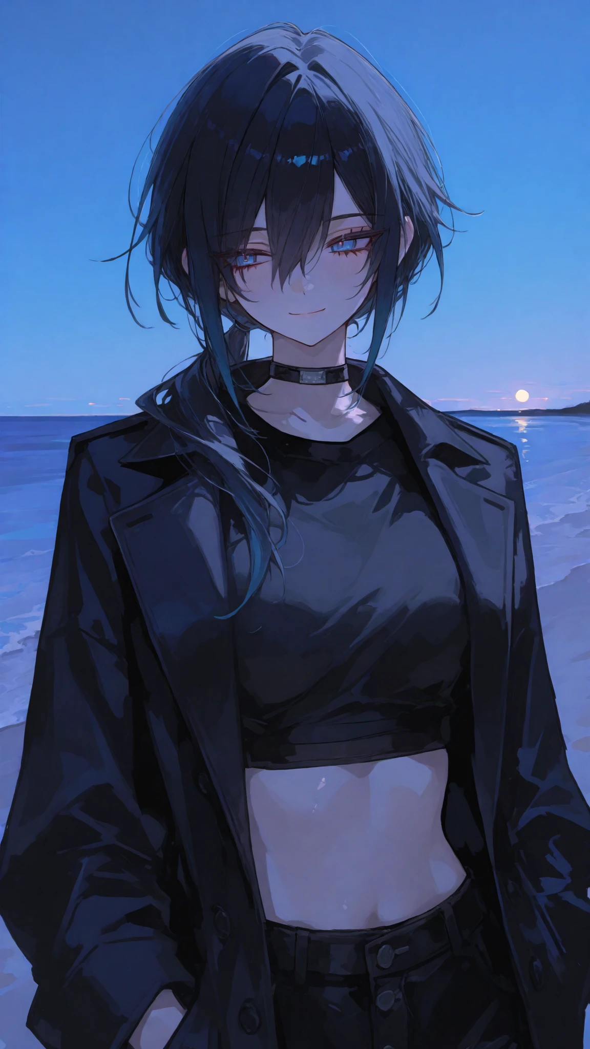 girl,Black-haired, blue eyes, Boyish,Black Coat,hair between eye,Black Shirt, Crop top , mullet hair ,cute, ponytail,BLACK TROUSERS,smile, ,upper body shape, Choker,Sky Background, night,midnight, Moonlight,The wind,beach,standing,