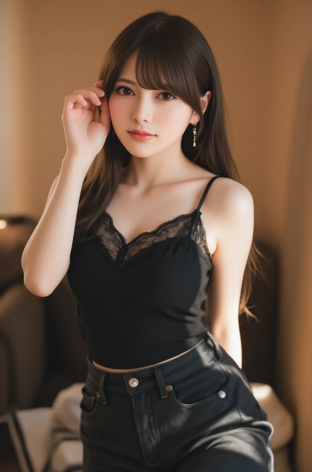Heavy makeup,masterpiece, Highest quality, (Dark Photos:1.3), One girl wearing a lace camisole, Flat bangs, A beautiful innocent symmetrical face, Emotional, Ulzzang, (Purelos Face_v1:0.7),Small cleavage,((skirt))