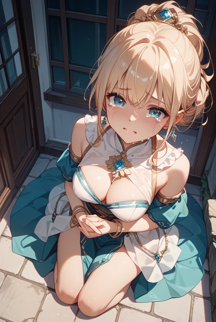 piperBS, 1girl, blonde hair, hair bun, blue dress, puffy sleeves, short sleeves, pink gloves, fingerless gloves, pink belt, shoes, blue footwear, cute and blushing 18 years old anime girl, look away because she is embarrassed and blushes, bright blue eyes, detailed face, detailed members, detailed arms, detailed hands, Girl lying, tied by ropes, shackled, can no longer move, tied tightly, very hard tied up with lots of ropes, hampered by so many ropes that she can no longer move, bound hands and feet, ropes tie his whole body, tied extremely tightly and forcefully to her bed by a lot of ropes, its limbs are strongly tied together by ropes, his torso is tied up with thick cords, her ????? is so tied up with ropes that it sticks out, her legs are tied tightly with thick ropes, his hands are tied behind his back with ropes, she can no longer move her feet, her hands which are tied by thick ropes, she desperately tries to free herself, likes to be tied tight with big ropes, likes to be immobilized by big ropes, lying down, his hands and feet are strongly tied to the railing of his bed, his legs are pressed together and tied with ropes, its limbs are held vigorously by imposing ropes, her hands are tied securely behind her back by ropes, her ????? is compressed by strong ropes, she is pressed against her bed and restrained by large ropes, (???????, arms behind the back:1.4), (hands on the back), (masterpiece, best quality) 1.5, 1girl, solo, (????, beautiful woman, perfect face, perfect eyes, perfect hands), samus aran, (hands on the back), Spread the legs, s' ((lie in bed by big ropes)), ((close up of the girl)), ((((lie in bed)))), ((((arms tied behind the back, Legs Tied,La fille est allongée sur le ventre, La fille est allongée sur le sol:1.5)))), ((((girl seen ???????????:1.4)))), ((((girl lying down on her stomach:1.4)))), ((((Outstretched arms:1.5)))), ((((Detailed hands:1.5))))