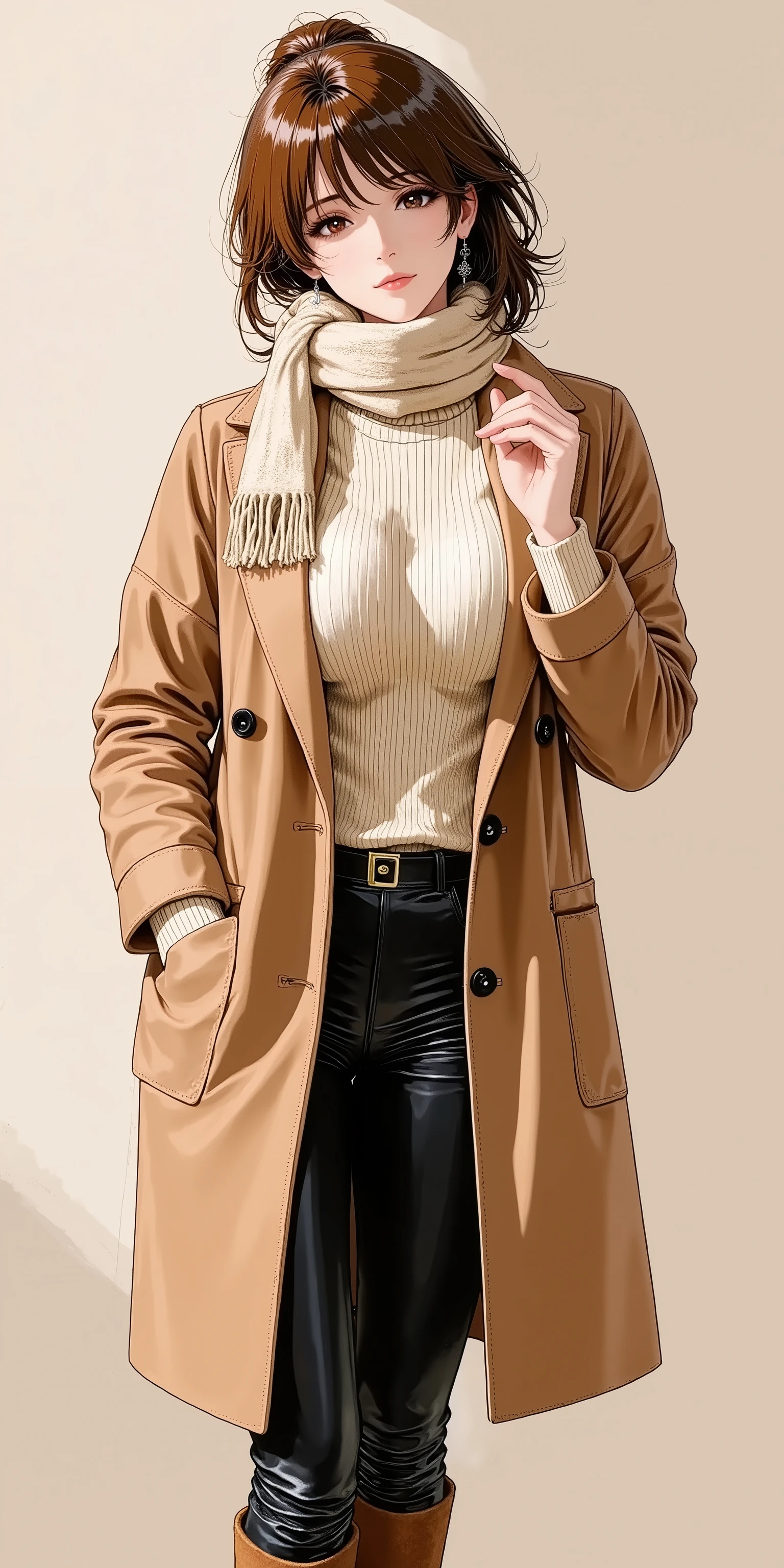 Anime style illustration, 1girl, solo, sexy eyes, facing up, parted lips, chest-up portrait, lean back, hand up, looking at viewer, A woman bundled in a luxurious, oversized camel-colored wool coat over a chunky cream turtleneck sweater. She wears slim-fit black leather pants and elegant knee-high suede boots. A matching camel-colored scarf is wrapped loosely around her neck. The textures of the wool and suede should be distinctly rendered, creating a sense of warmth and sophistication.
