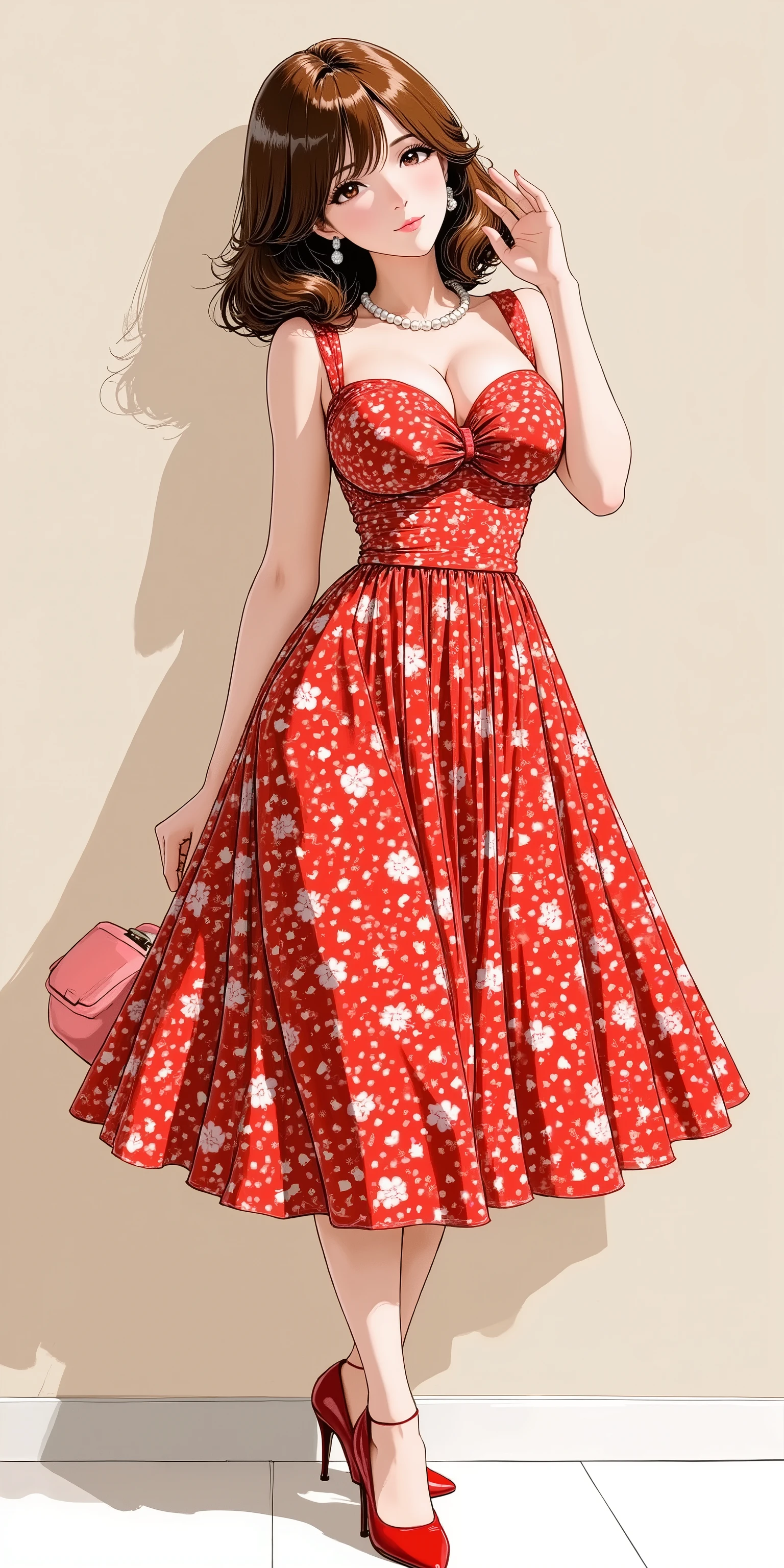 Anime style illustration, 1girl, solo, sexy eyes, facing up, parted lips, chest-up portrait, lean back, hand up, looking at viewer, A woman dressed in a vibrant, full-skirted midi dress with a cinched waist and a sweetheart neckline, reminiscent of 1950s fashion. The dress features a playful polka-dot pattern in red and white. She wears classic red high heels and has her hair styled in soft, voluminous curls. A delicate pearl necklace completes the look.