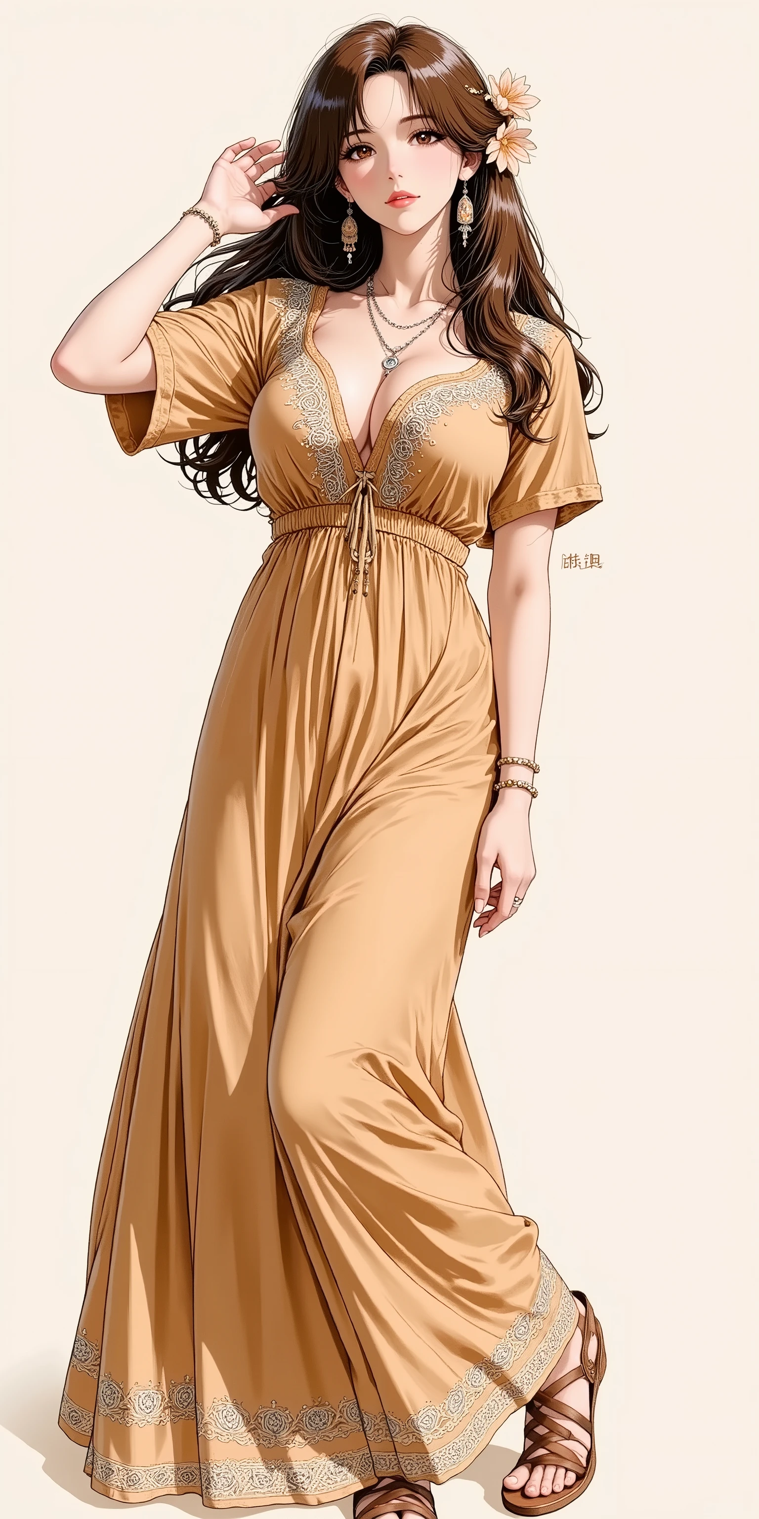 Anime style illustration, 1girl, solo, sexy eyes, facing up, parted lips, chest-up portrait, lean back, hand up, looking at viewer, A woman in a flowing, earth-toned maxi dress with intricate embroidered patterns around the neckline and sleeves. She wears layered delicate necklaces, several rings, and woven leather sandals. The dress fabric should appear lightweight and natural, possibly linen or cotton. Her hair is long, wavy, and adorned with a subtle floral headpiece.