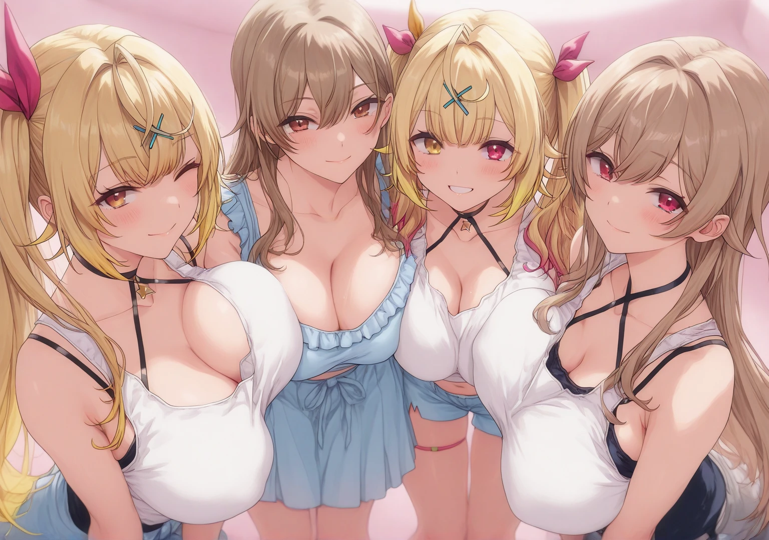 masterpiece, Highest quality, High resolution, Big Breasts、A lot of women in a very narrow and dimly lit elevator ,Six Women、Swimwear、bikini、Heart symbol and sound effect、The viewer is looked down upon by a tall woman.、A chest full of 、There is only one viewer 、 between 、、Pant voice、Bright beautiful skin、Blunt bangs、Blunt bangs、The women tremble with joy、40-year-old woman、They are all very tall、Surrounded by tall women、A composition that expresses many things.、Bully、Adult women、Big body and small head、Harem、Many women are lined up、Black Hair、Blonde、、、A kind smile