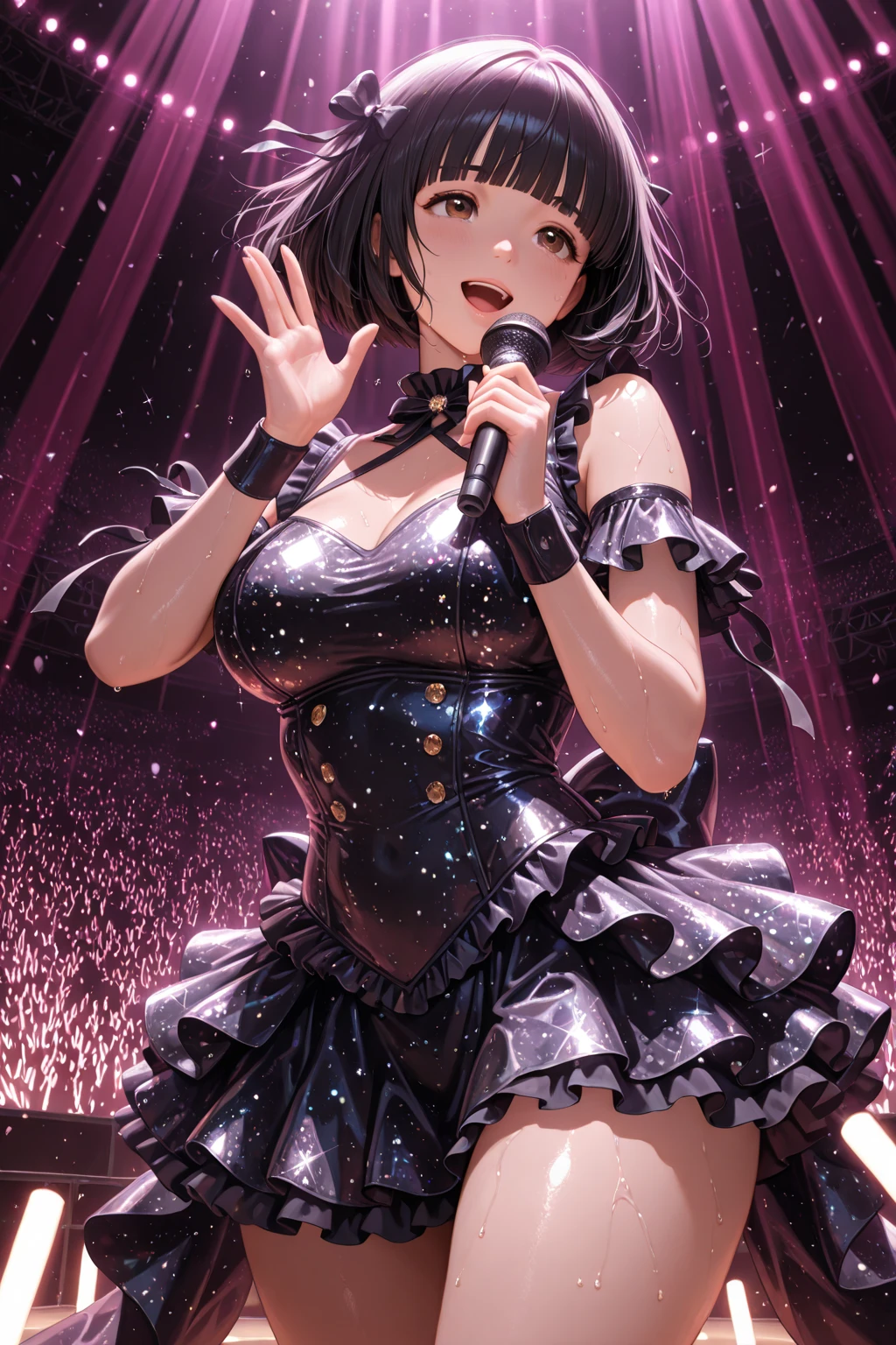 (Anime style:1.3), (Realistic, Photorealistic: 1.37), (Masterpiece, Best Quality: 1.37), (Ultra High Resolution: 1.2), (RAW Photo: 1.2), (Sharp Focus: 1.3), (Face Focus: 1.2), (Ultra Detailed CG Unified 8k Wallpaper: 1.2), (Beautiful Skin: 1.2), (pale Skin: 1.3), (Hyper Sharp Focus: 1.5), (Ultra Sharp Focus: 1.5), ( Beautiful pretty face: 1.3), (Japanese actress face:1.3), (super detailed background, detail background: 1.3), masterpiece, best quality, high res, ultra detailed, hyper sharp, absurdres, detailed face, white skin, real human skin, (detailed face), oval face, pores, from below, low angle, looking down the viewer, ultra high res, (8k, RAW photo, photorealistic:1.4), BREAK, 1girl, slim, (large-breast:1.37, cleavage), Illustration of a scene in which an idol singer is singing enthusiastically on a live stage.

The idol singer is standing in the center of the stage.
The idol singer is wearing a  and boots.
The idol singer has her hair up and is wearing a headset.
The idol singer is holding a microphone and singing.
The idol singer's expression is serious and powerful.
The singer's voice is strong and beautiful.
Fans are gathered around the stage.
Fans are singing and dancing along with the idol singers.
The venue is filled with excitement.
This illustration shows the passionate live performance of an idol singer. Fans are fascinated by the idol singer's voice and performance. The venue is filled with excitement and the idol singer's live performance is a success. Hatsune Miku,