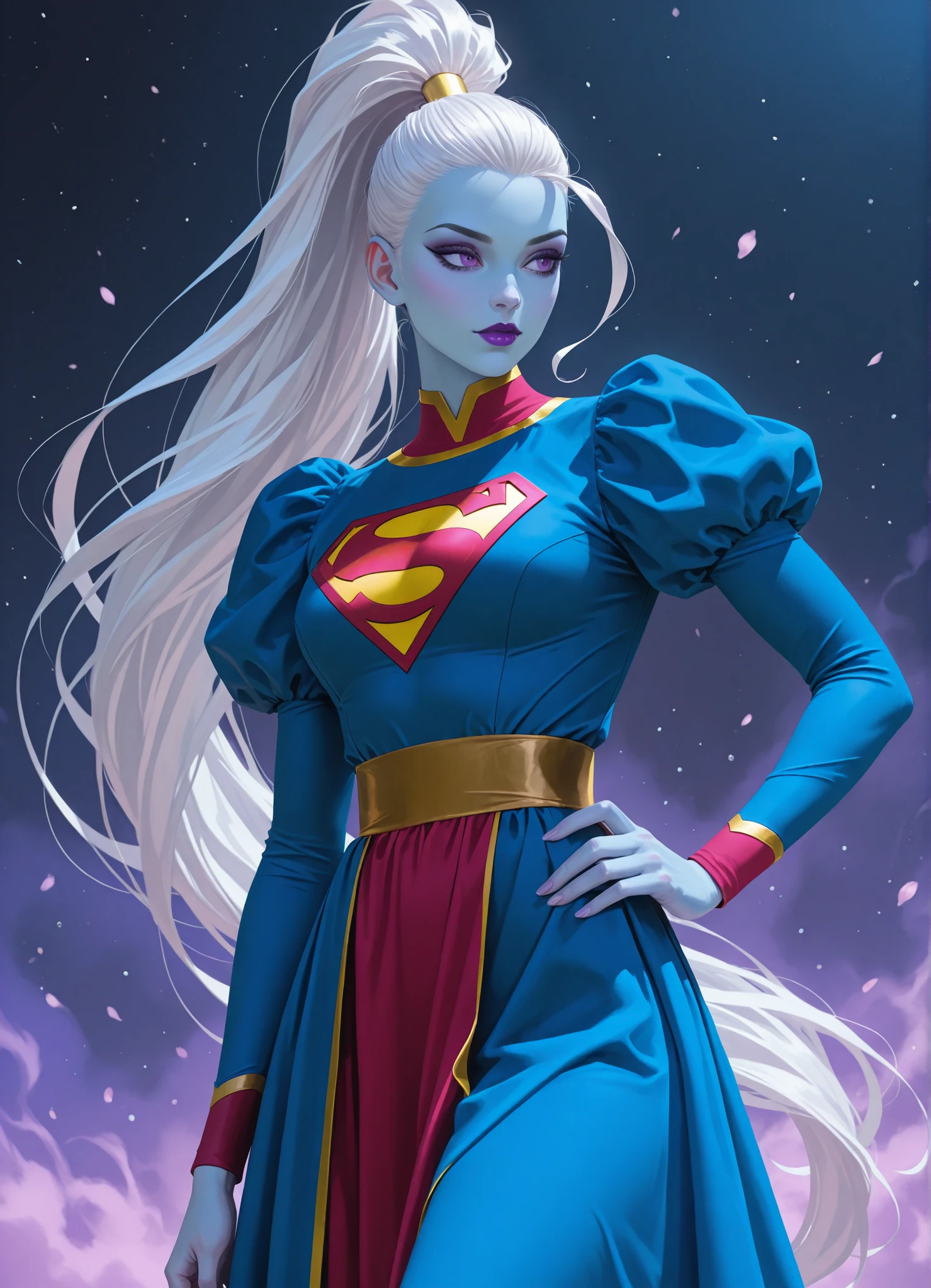 zzVados, long hair, ponytail, white hair, blue skin, hair pulled back, high ponytail, very long hair, purple eyes, long sleeves, puffy sleeves, sash, purple lips, dress, makeup, lipstick, ,Supergirl com uniforme cosplay