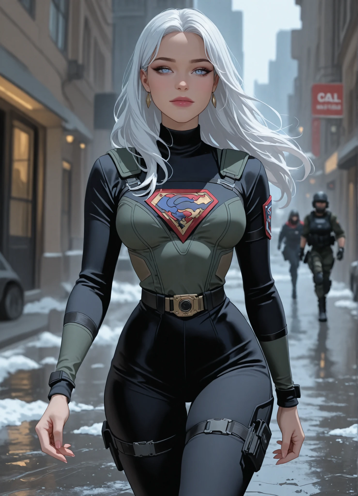 Make me a beautiful woman in the style of the game Call of Duty MW4, She has to have white hair and blue eyes and she also has to wear a black uniform, She is very beautiful