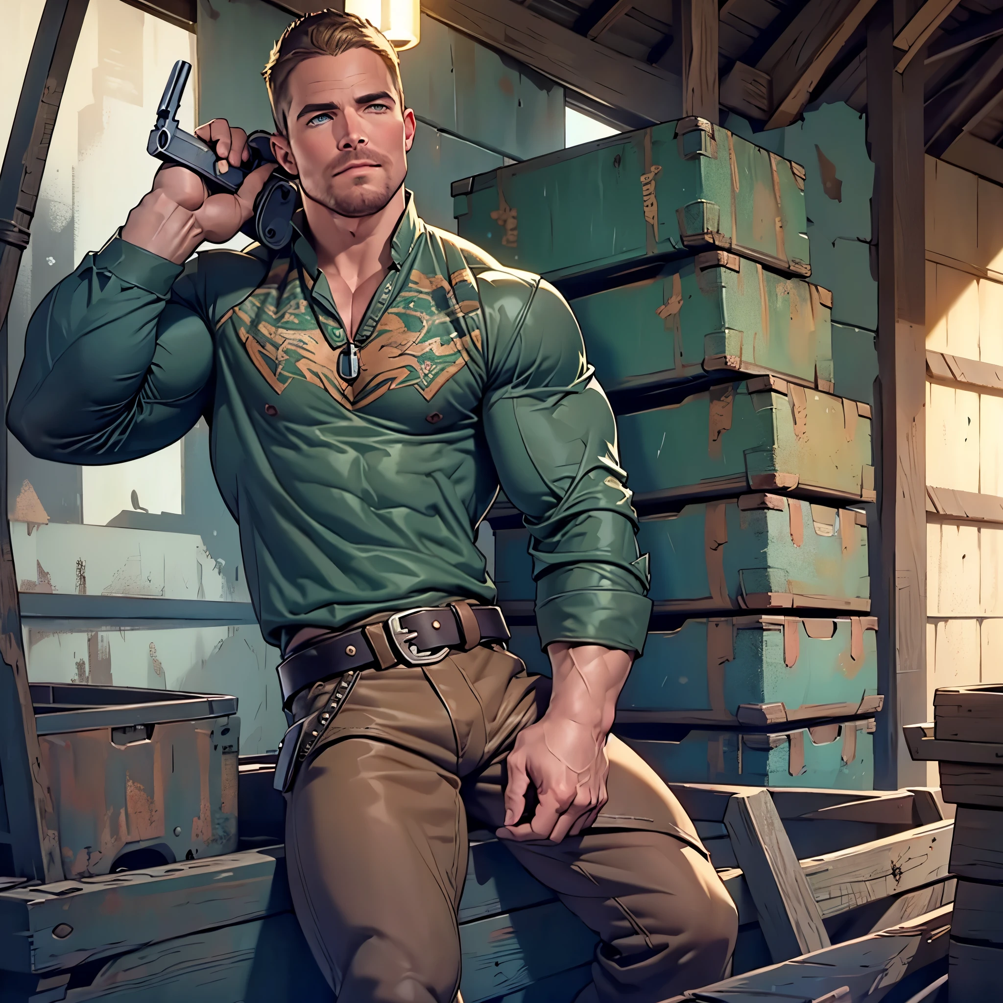 Very detailed illustration of a blond man, olhos verdes, 1,75 cm de altura, rosto sisudo, usando camiseta preta, battered jeans, leather holster attached to the waist and on the right thigh over the pants, sobretudo marrom, botas militares pretas, holding a shotgun in his hand with the barrel resting on his shoulder