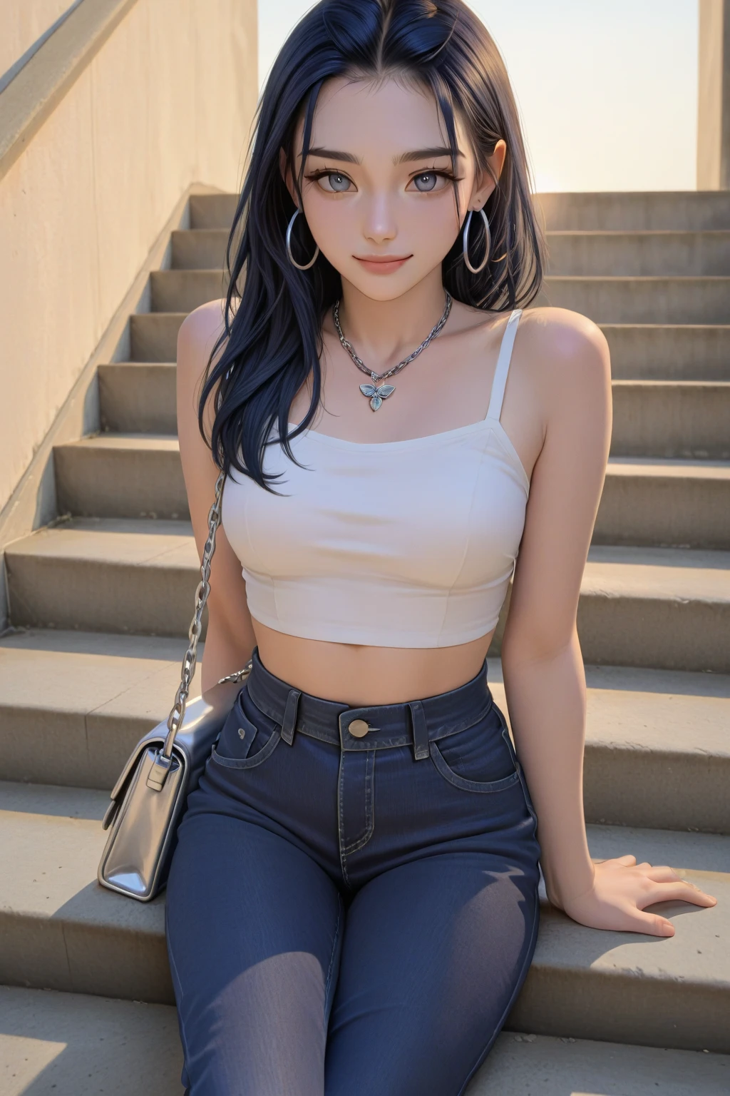 (Girl),(tomboy),masterpiece,large , outdoors, looking at viewer, detail eyes, detail face, standing, smile, (front view:1.3),, jeans shorts, crop top, upper body shot, (portait)