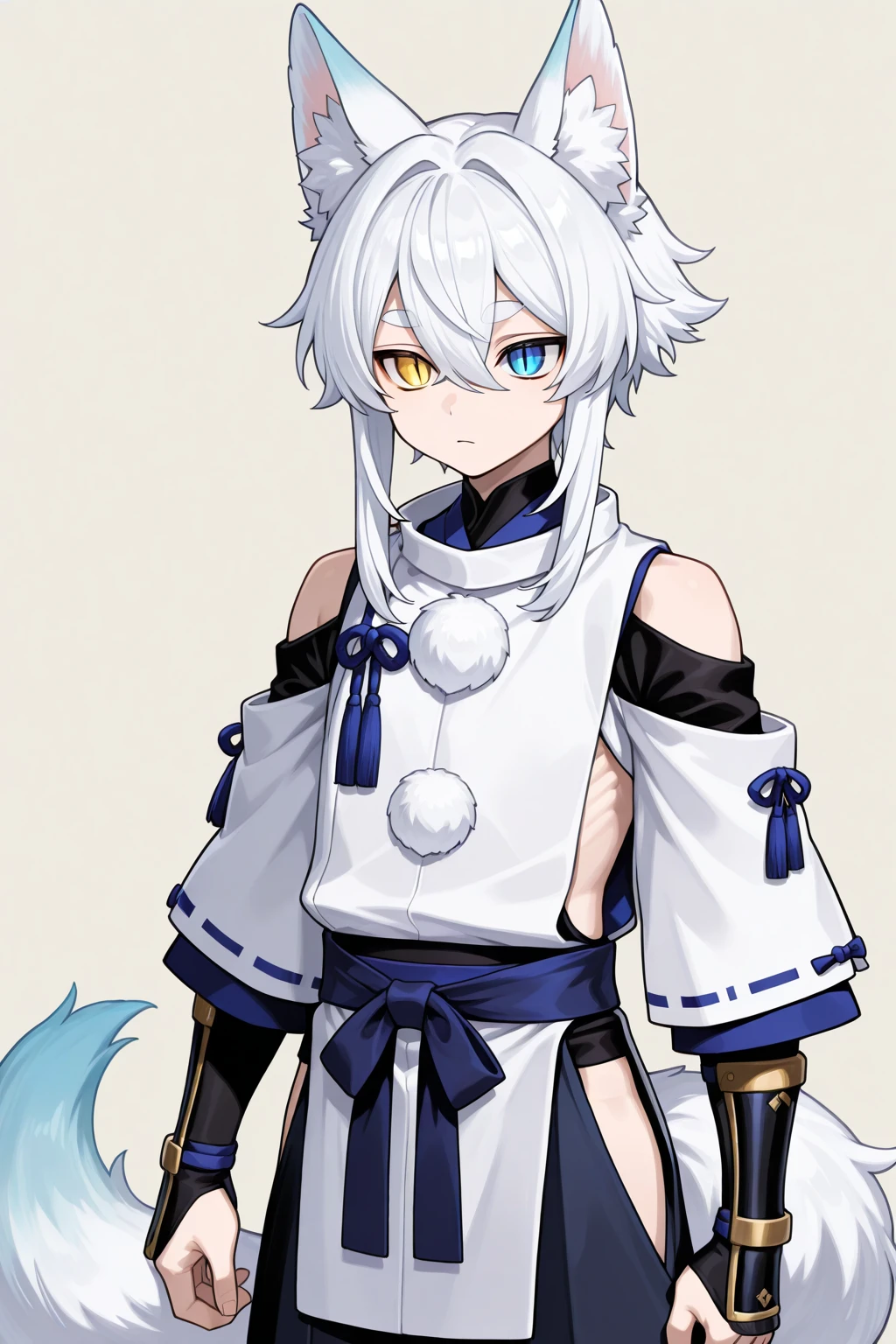 Masterpiece, High quality, High quality of art, best quality, anime lineart, 1boy, light carrot hair, fox ears, fox tail, Red eyeshadow, purple eye color,  belly, male focus, military armlets, general's pants, A heavy golden bow with rubies, black-green blue clothes, hair with a small count of dark carrot hair, A longbow behind his back, half sleep eyes, Platinum bell and bow near the ear, a small shorts, Red and white rope belt, no human ears, Black heart tattoo on tummy