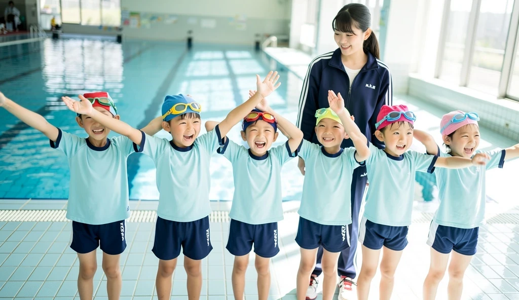 夏休みのprimary school校、Pool、primary school５Grade、Japan Boy、Glowing water splashes、A good boy dripping with water、hot day、Two Boys、Various poses、Short sleeve gym uniform、Blue shorts、physical education、barefoot，（Boy 1.4）、Boys only 、(１０Age 1.４)