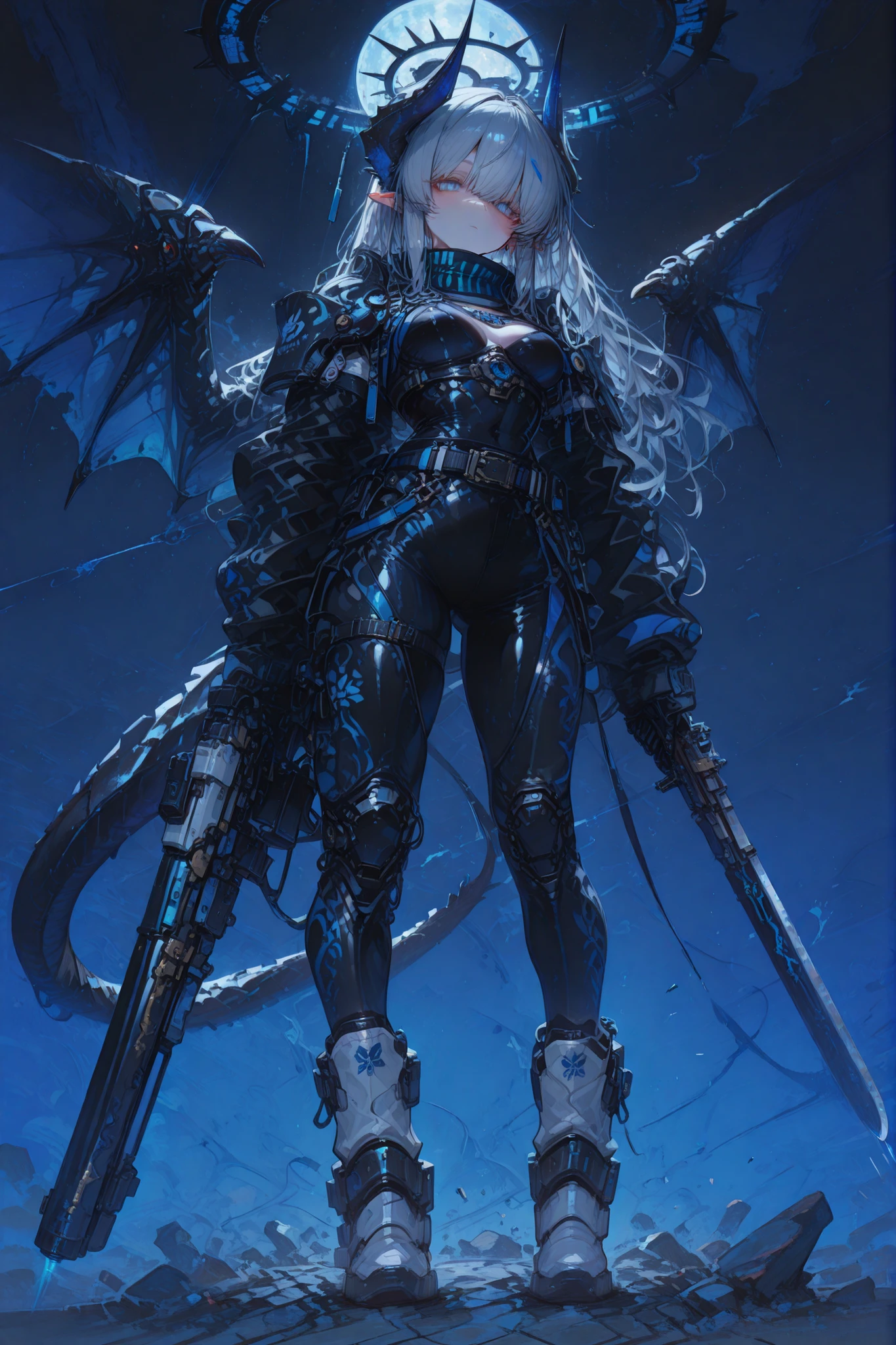 最high image quality、high image quality、Monster Hunter Wild、 Rathalos guardian dragon、Beautiful girl、tall(Over 180cm)、Boobs Are G Cups or Larger,完Fully armed 、Heavy Armor、The main color is black、Blue Stripes、dark haired、long hair、The hair reaches my feet、Machine Dragon Horns(Rioleus's horn)、black and blue colors、Machine Dragon Tail( Rathalos tail)、black and blue colors、Machine Dragon Wings( Rathalos wings)、pale light runs on its head and wings、Black and Blue Sword on the Belt、Background is black、blue moon、There is black fog all around、standing、stands on a stone,I hate you,is staring at me,gray hair,long hairー,hair extends to the ground,Elf Ears,Blue Eyes and White Eyes,ABI ESHEF(blue archive),Fully armed , Mechanical Armor,Heavy Armor,The main color is blackと紫と青,Wearing a Black Rubber Suit,blue and black tights,Black and Blue and White Boots,machine black and blue mask,black and blue neck warmer,Machine's Laser Gun,Four artillery batteries on both shoulders, I'm wearing a black rubber suit inside a 45 caliber 46 cm 4-barreled gun,4 swords on the back 2 swords,The main color is blackとグレー,Blue Eyes and White Eyes,Bangs up to below the eyes,Blue and Black Halo,I'm wearing a black rubber suit inside a mechanized black and blue wing,background is black night sky,