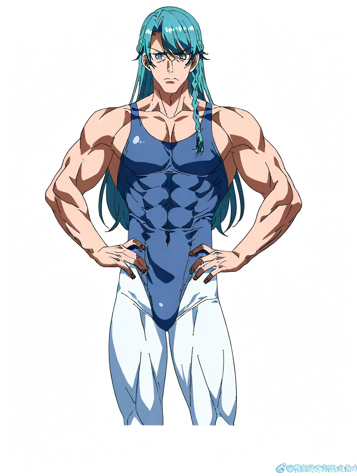 score 9 、score 8 up、score 7 up、source anime、high quality illustration、傑作、best quality、best resolution、best image quality、anime coloring、anime screencap、anime screenshot、very delicate and beautiful、1boy、kaidou minami is a male、solo、anime male is wearing a blue leotard、aqua hair、long hair、bangs、braid、blue eyes、femboy、crossdressing、A man doing a yoga pose、(manly face :1.8)、anime pose、solo、ballet pose、wearing a leotard、outfit:leotard、anime cool male is wearing a blue leotard、biceps、biceps long head、biceps short head、triceps、triceps medial head、triceps lateral head、triceps long head、brachioradialis、covered deltoids、anterior deltoids、middle deltoids、posterior deltoids、covered thigh muscles、covered semitendinosus muscles、coveredadductor magnus muscles、collarbone、covered trapezius、wearing a white pantyhose、covered navel、covered abs、covered midriff、slender body、toned body、tall male、(blue only leotard)、high leg cut、(manly:1.8)、bare neck、cool boy、beautiful boy、brave boy、high leg cut leotard、simple leotard、 basic leotard、athletic leotard、training leotard、plain leotard、no underwear、The collar of the leotard is a U neck、anime beautiful male、anime cool male、The leotard has short sleeves、The lower half of the leotard is high leg cut、tight leotard、leotard and pantyhose only、male focus、looking at viewer、cowboy shot、(male body :1.8)、