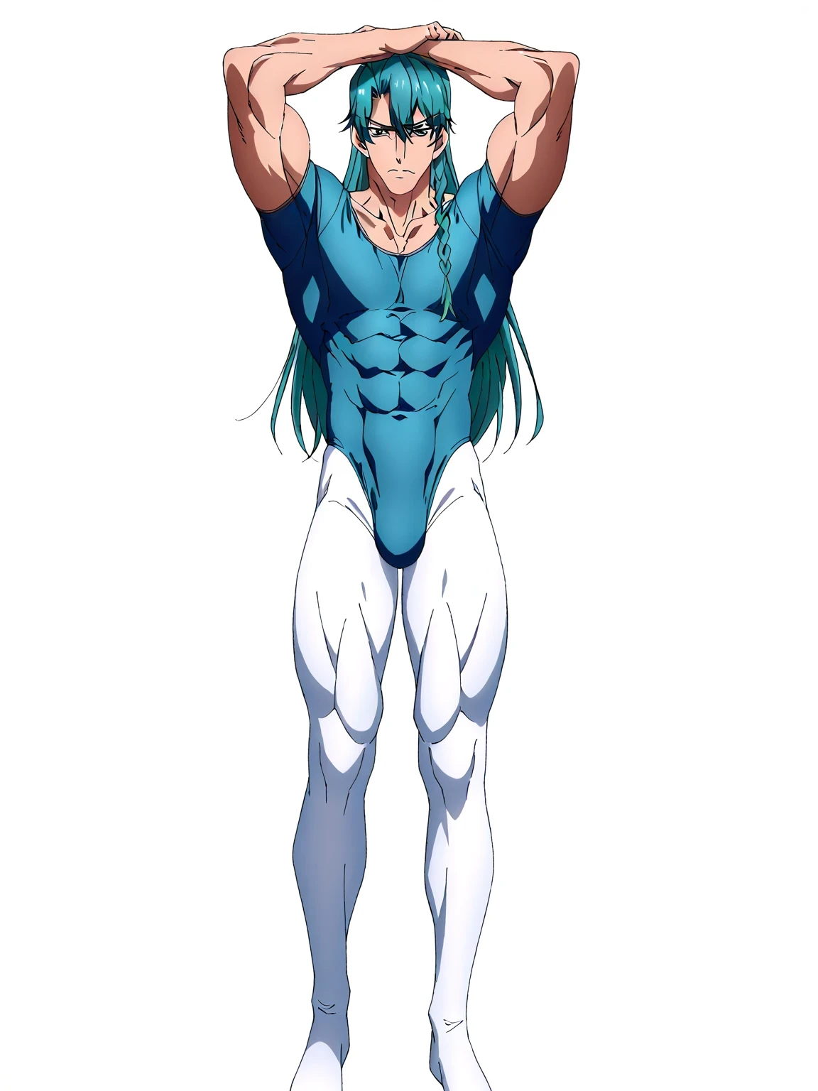 傑作、Best quality、Best resolution、Best image quality、amazing quality、 very aesthetic、 absurdres、anime coloring、anime screencap、anime screenshot、very delicate and beautiful、1boy、kaidou minami is a male、solo、anime male is wearing a blue leotard、aqua hair、long hair、bangs、braid、blue eyes、femboy、crossdressing、A man doing a yoga pose、(manly face :1.8)、anime pose、solo、ballet pose、wearing a leotard、outfit:leotard、anime cool male is wearing a blue leotard、biceps、biceps long head、biceps short head、triceps、triceps medial head、triceps lateral head、triceps long head、brachioradialis、covered deltoids、anterior deltoids、middle deltoids、posterior deltoids、covered thigh muscles、covered semitendinosus muscles、coveredadductor magnus muscles、collarbone、covered trapezius、wearing a white pantyhose、covered navel、covered abs、covered midriff、slender body、toned body、tall male、(blue only leotard)、high leg cut、(manly:1.8)、really、cool boy、beautiful boy、brave boy、high leg cut leotard、simple leotard、 basic leotard、athletic leotard、training leotard、plain leotard、no underwear、The collar of the leotard is a U neck、really、anime beautiful male、anime cool male、The leotard has short sleeves、The lower half of the leotard is high leg cut、tight leotard、leotard and pantyhose only、male focus、looking at viewer、cowboy shot、(male body :1.8)、