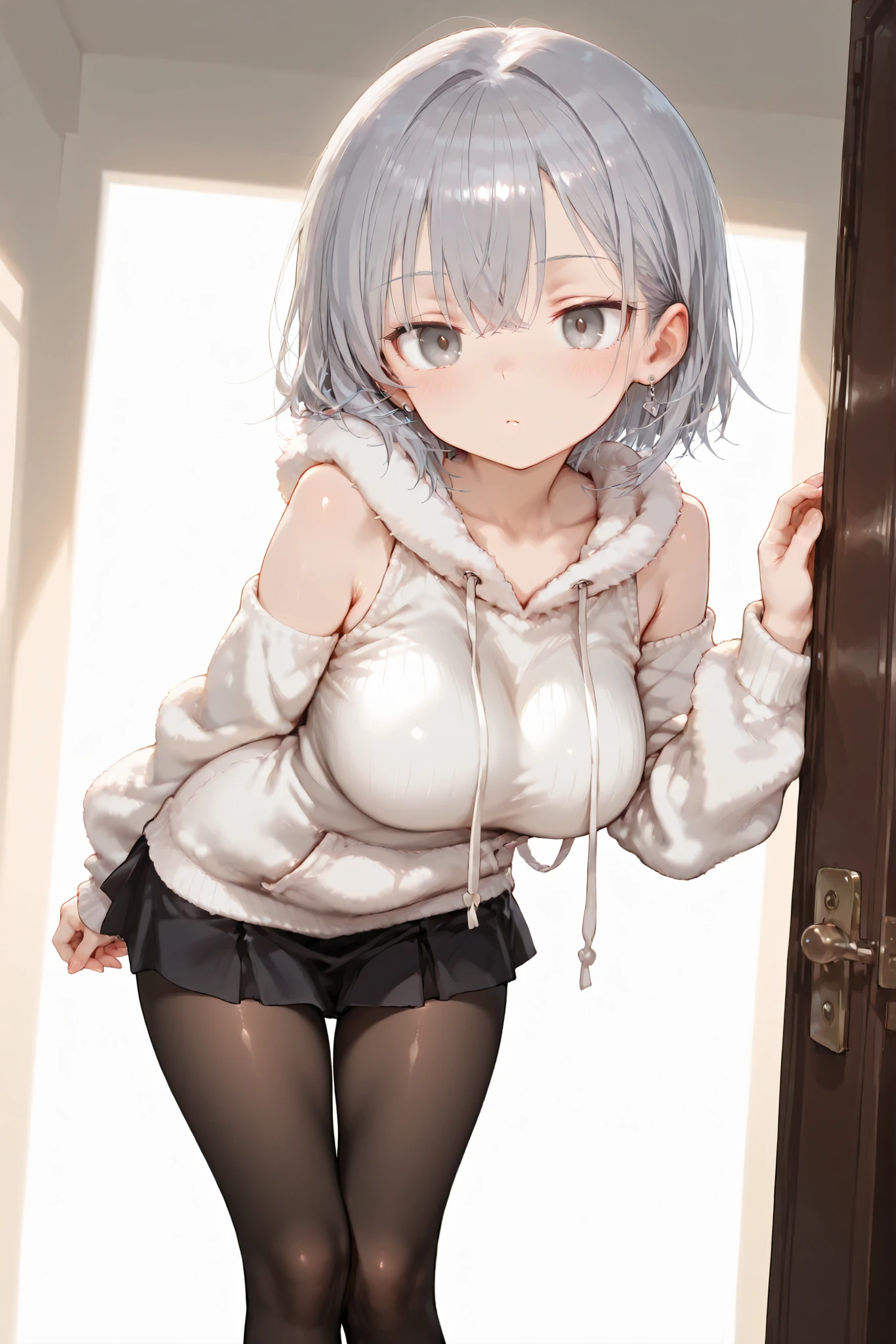 Shiny skin, Babe, character, haruone.
masterpiece, best quality, ultra detailed, high resolution, 8k, dynamic lighting, elaborate eye depiction, beautiful detailed eyes, a cute anime girl, fine line art, delicate line drawing, thin outlines, clean outlines, minimal noise.
dynamic pose. dynamic angle.
# body.
tall body, 7 heads tall, very slim waist, curvy figure, slender figure, soft curves, medium-large breasts.

# hair.
short silver wolf-cut hair, bob length, single hairstyle only, sharp eyes, silver eyes.

# expression.
blank expression.

# outfit.
oversized fluffy hoodie in white or pale gray, thick soft texture, slightly drooped shoulders, long sleeves covering part of hands.
black knit mini skirt, neat texture, subtle winter thickness.
black thick winter tights.
white winter sneakers with soft faux-fur trimming.
small silver earrings.

# pose.
standing, relaxed posture, slightly leaning, casual winter vibe.

# background.
simple neutral background.

# outline.
fine line art, delicate line drawing, thin outlines, clean outlines, minimal noise.