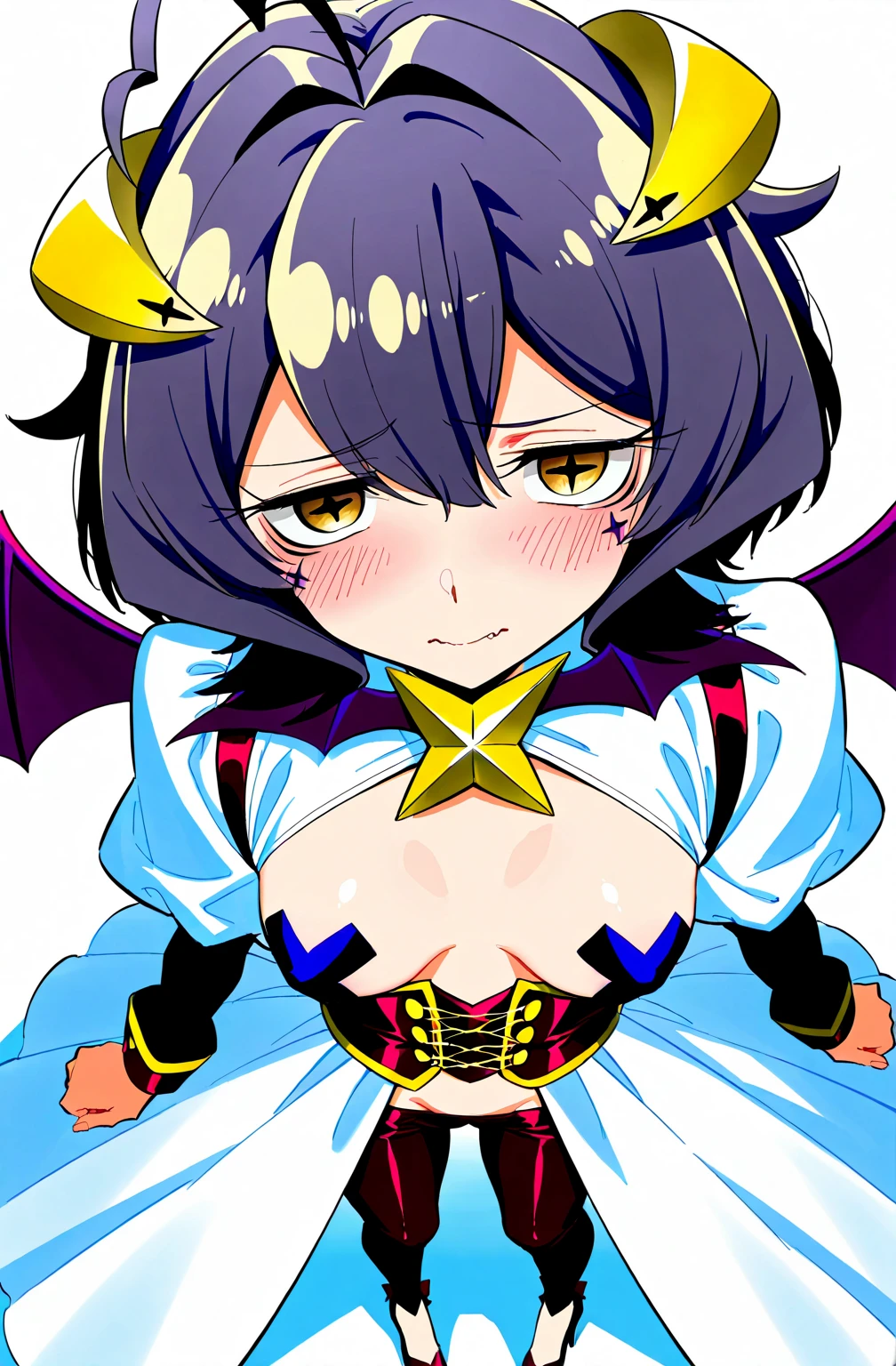 wavy, 1 loli, solo, small , looking at viewer,  shoulders, open sleeves, hair over one eye, red eyes, side ponytail, a ponytail, loose collar, skull, ((blue skin)), stitches, zombie, striped sleeves, stitched mouth, extremely detailed, highly detailed, perfect face, beauty, perfect eyes ((skeletal arm, vivid tails, big , big lips)), baggy eyes, makeup, big eyelashes, cute, adorable , serious, ((leviathan: 1.3)), full body, in lingerie,  anime style, full body art,  style, anime character, kneeling