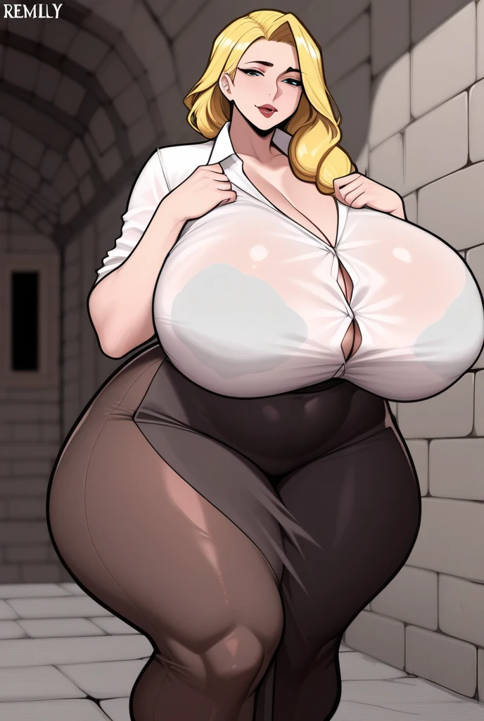 masterpiece, 1girl, highres, best quality, hermione granger, detailed face, beautiful face, ((????????????????)),  ((???????????)), ((huge thighs)), (chubby belly), head looking fown at body, shocked expression, casting magic pose