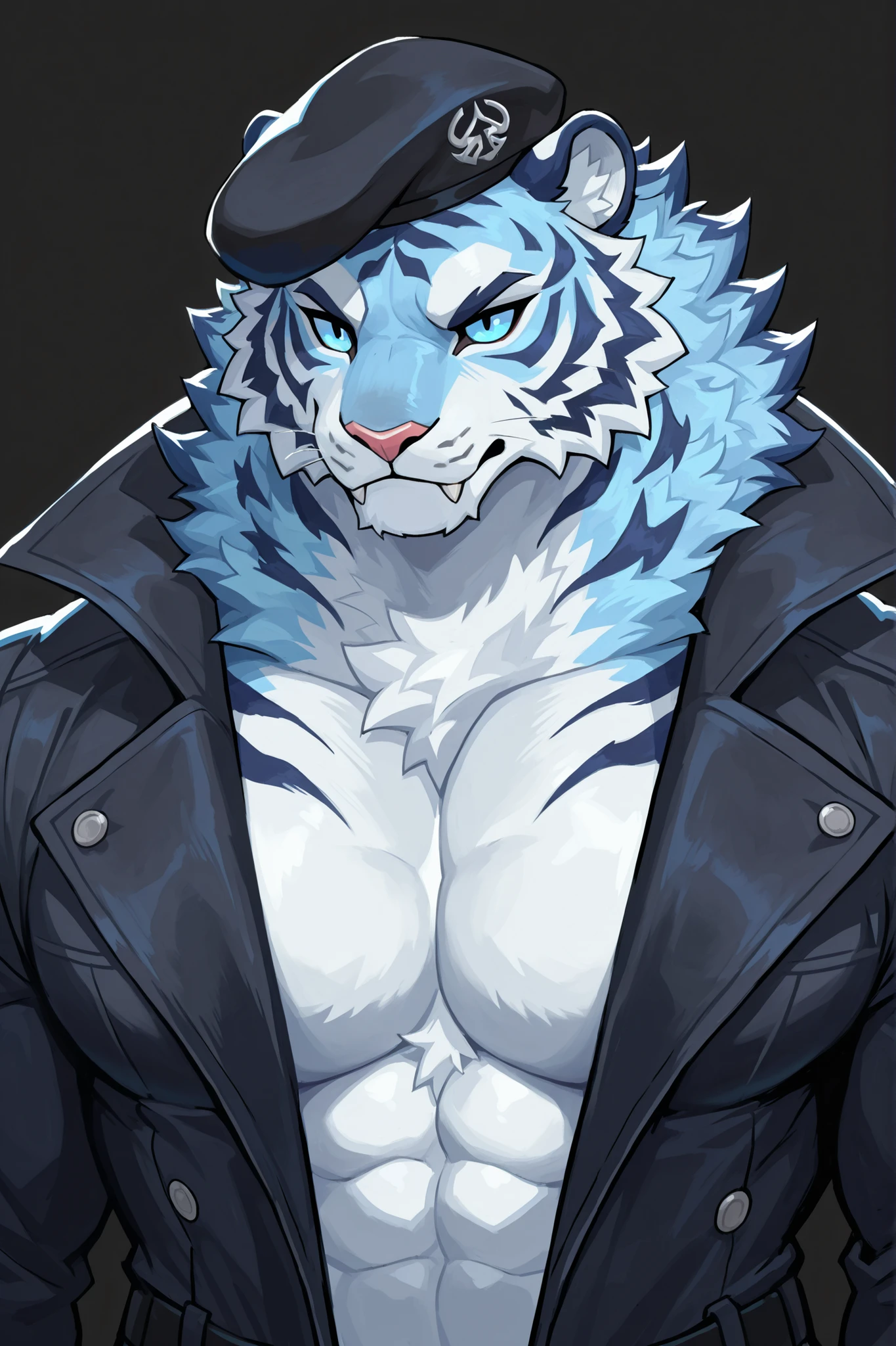 solo, male, alien tiger, pale blue fur, broad shoulders, black coat, black beret, simple background, high quality