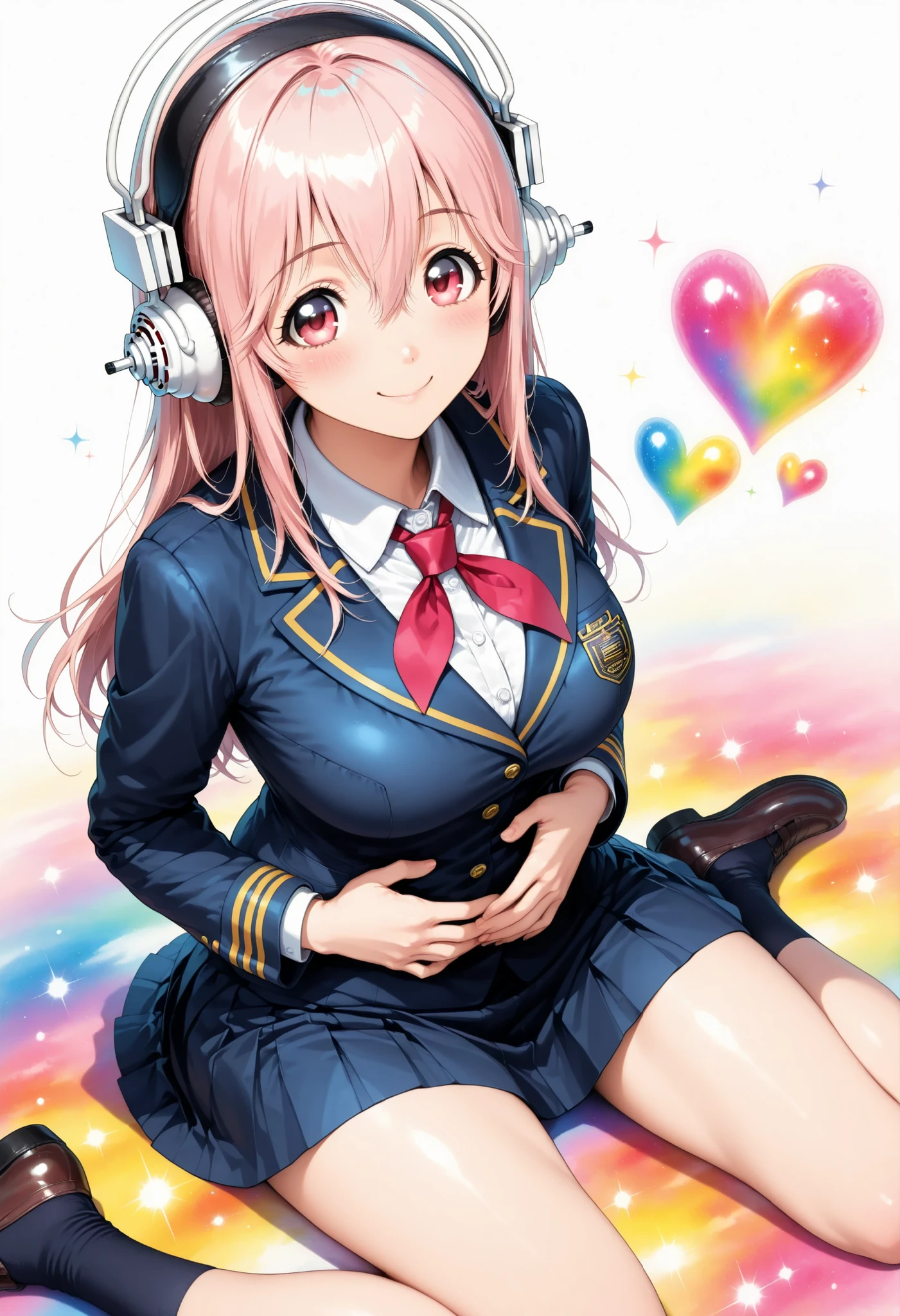 1 female, solo, Super Sonico, pink hair, Happy Expression, Exciting Gesture, navy blue uniform, Cute accessories, Bright and Cheerful Atmosphere, (wariza, hands on own stomach, from above), Fascinating Backgrounds, warm colors, High Resolution, anime style, full of vitality, precise texture, Angelic Image, Manga-like Softness, Magical Girl Taste, Illustration Style, cute design, 4K, Precise Details, Colored pencil drawing,