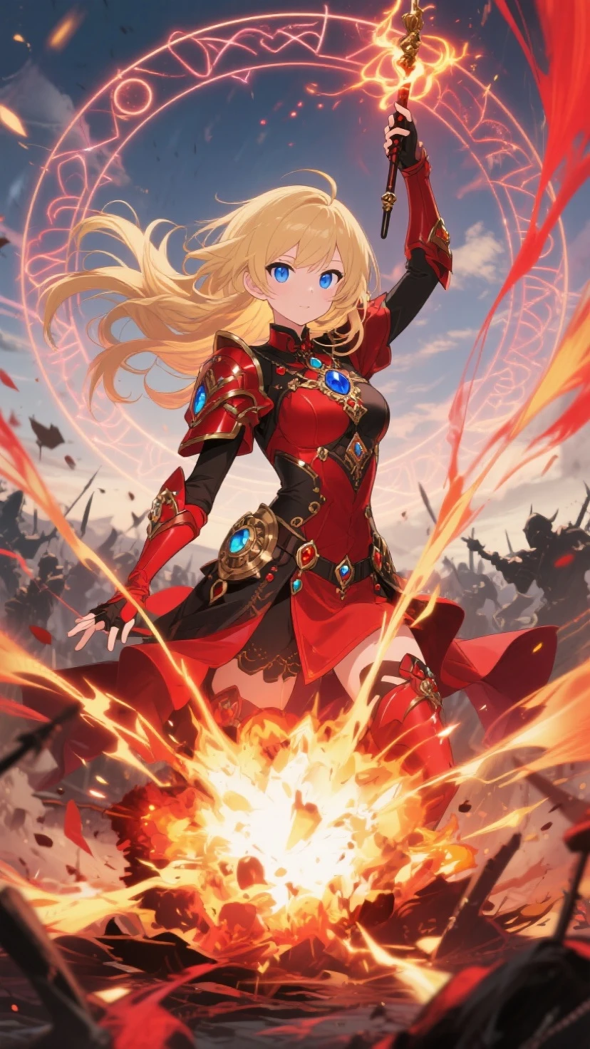 Design a layout showcase Gaming character, (1girl). Gold+Red intricate full body armor, fiery and majestic, ((showcase weapon:1.4)), flame whip, (masterpiece:1.2), (best quality), 4k, ultra-detailed, (Step by step design, layout art:1.5), (flaming lighting, fiery setting), fire mage, ((flame gloves)), (((revealing armor:1.3))), flame vambraces, fireproof boots, (((full_body_shot:1.4)))